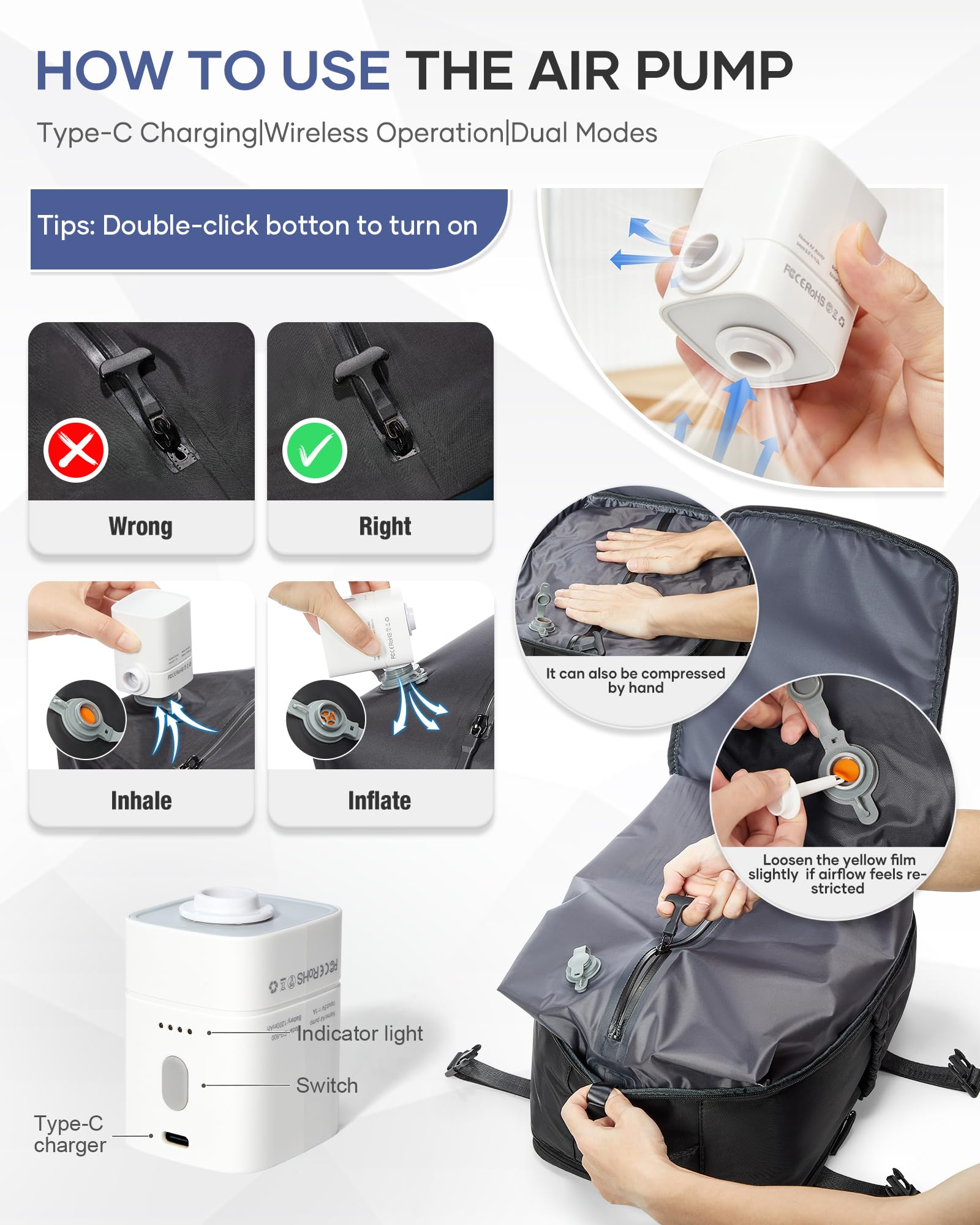 Vakuum Rucksack Ryanair 40x30x20 Wizzair mit pumpe Vakuumrucksack Reiserucksack mit Vakuumsystem Vacuum Travel Backpack Airbag Rucksack Handgepäck Flugzeug -Schwarz