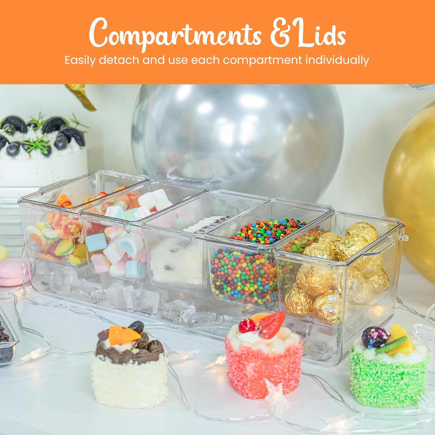 Ice Chilled Condiment Caddy with 5 Removable Containers (2.5 cup) each with Hinged Lid – Condiment Server with 5 spoons, 2 tongs for Fruit, Taco Party Garnish, Salad Bar