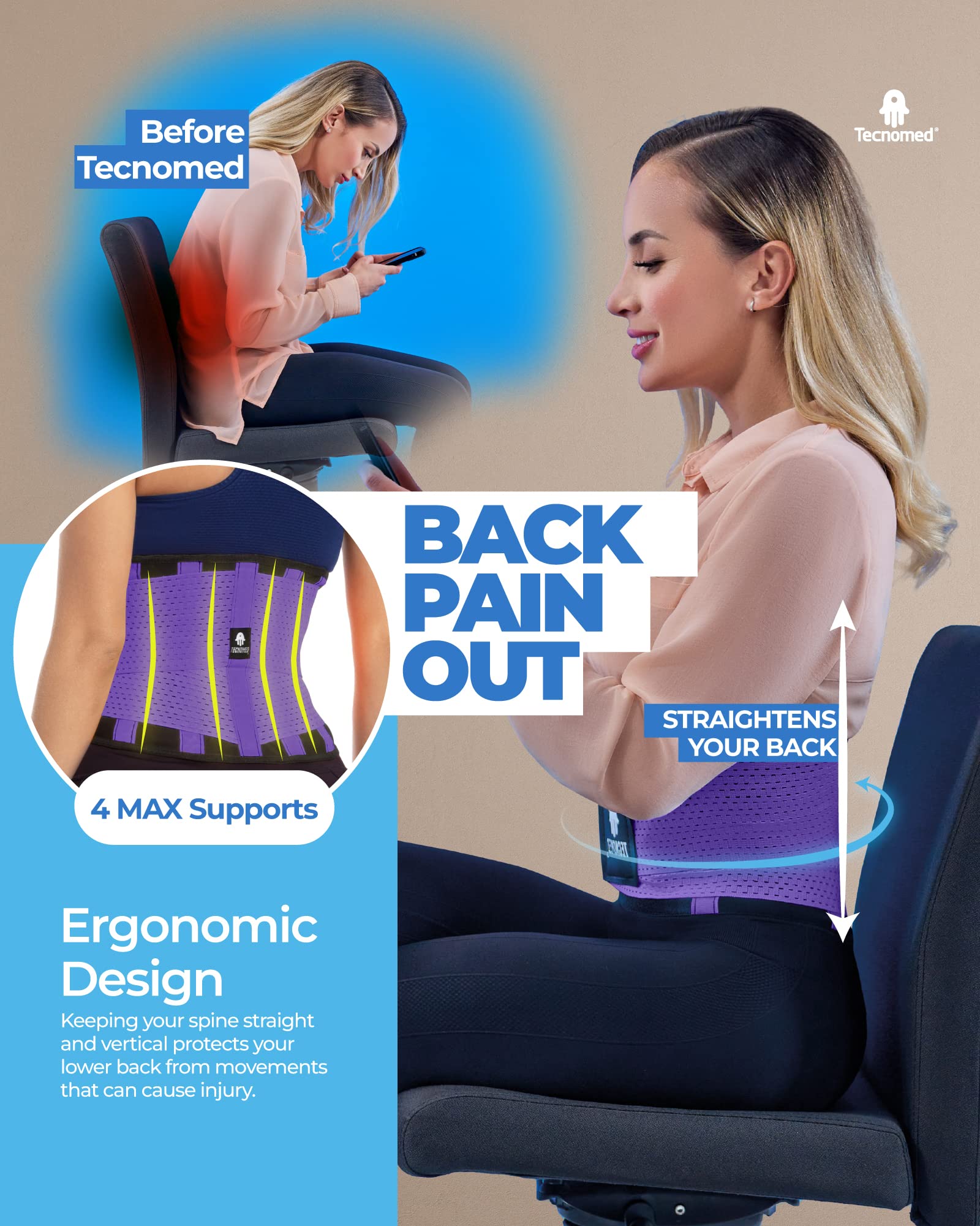Tecnomed Back Brace For Men & Women - Immediate Relief from Back Pain, Herniated Disc, Sciatica, Scoliosis – Breathable Lower Back Belt For Weight Lifting - Workout - Posture Corrector