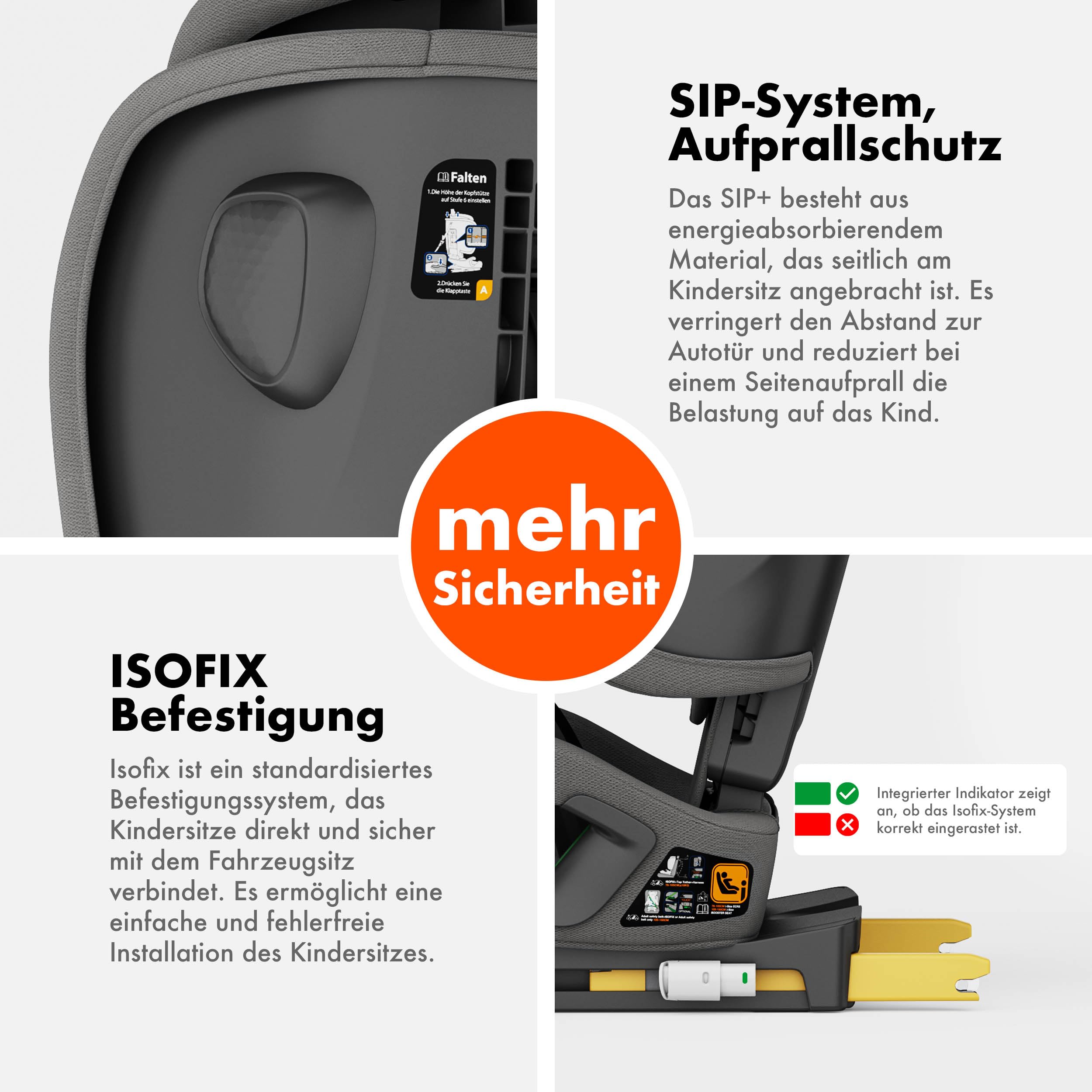 Daliya® JOYMAX i-Size Kindersitz, ISOFIX, Top Tether mit Warnmelder, für Kinder 76-150 cm, ab 15 Monaten, 9-36 kg, Autokindersitz (Grau)