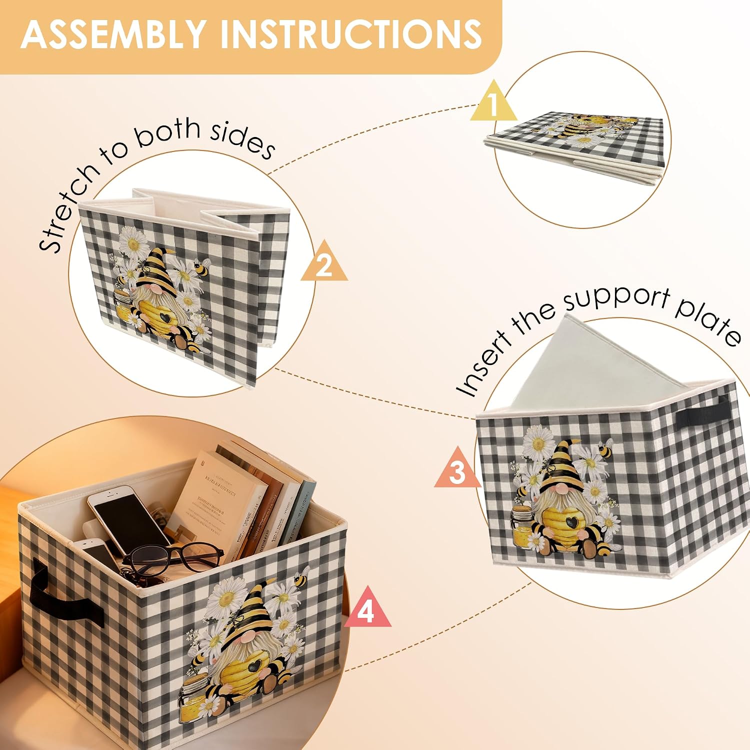 Farmhouse Floral Bee Gnome Storage Bins Box, Toybox for Girls, Black and White Buffalo Plaid Gnome Foldable Baskets Organizer with Handles for Bedroom Bathroom Home Clothes Toys Books image 4