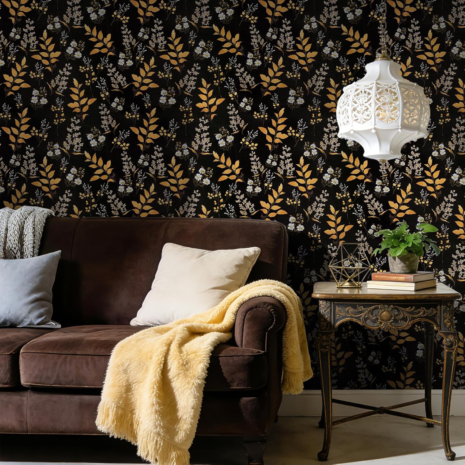 practicalWs Black Floral Peel and Stick Wallpaper - Vintage Gold Leaf Wall Paper Boho for Bathroom - Removable Dark Contact Paper - Self Adhesive Vinyl Wallpaper for Bedroom Walls Decor 17.5"x590"