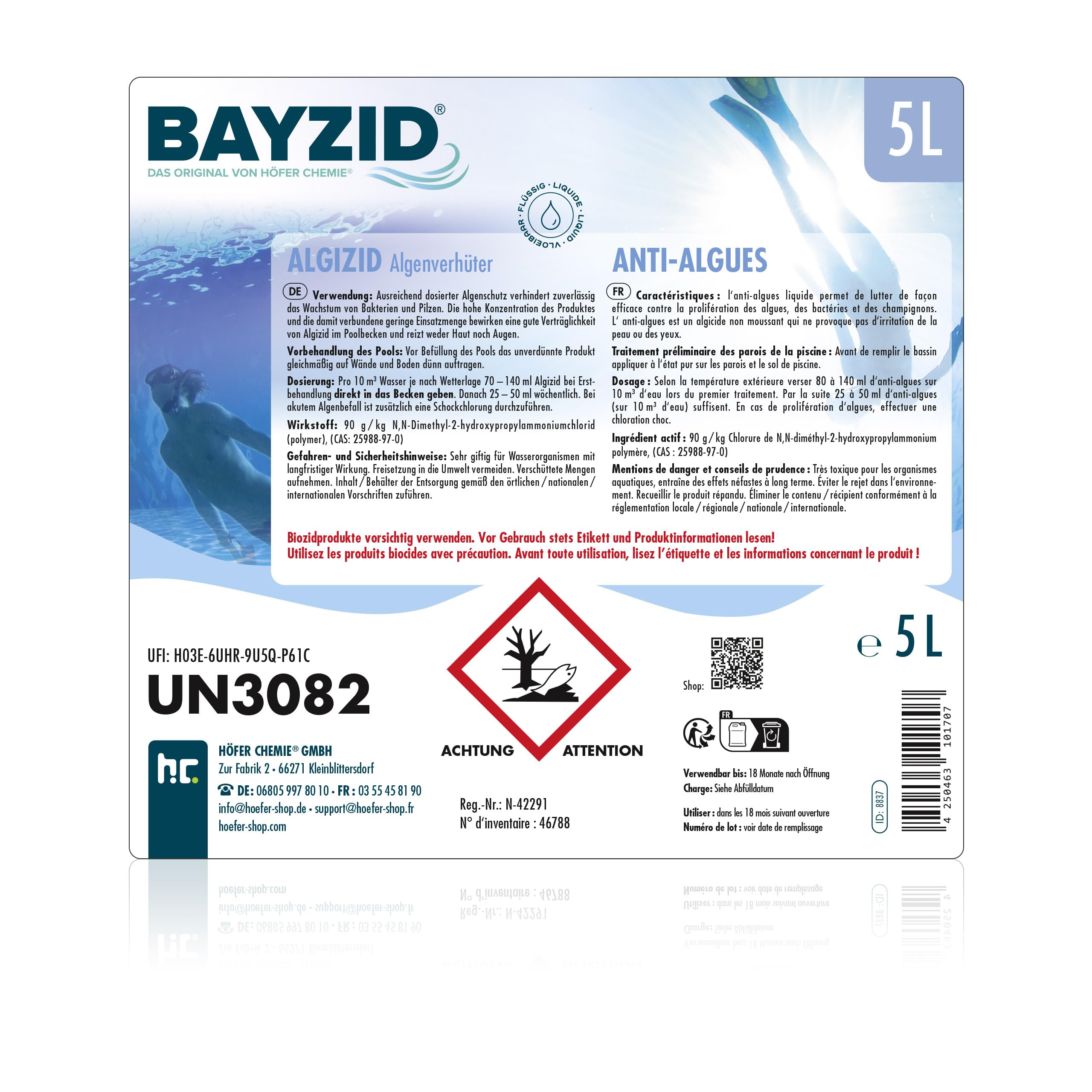 Höfer Chemie 1 x 5 L BAYZID® Algicide Anti Algue pour Piscine - Anti-Algues Non Moussant à Double Action Curative et Préventive - Efficace Contre Bactéries et Champignons