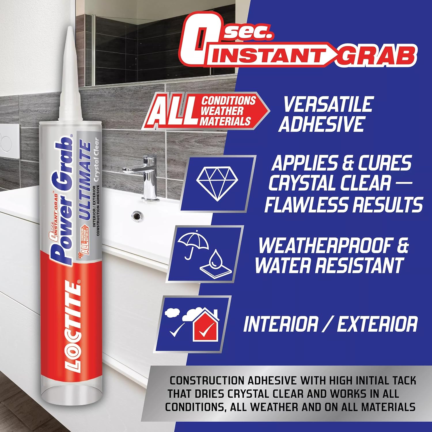 Loctite Power Grab Ultimate Crystal Clear Construction Adhesive, 9 fl oz Cartridge, 6 Pack - Versatile Construction Glue for Glass, Wood, Metal & More