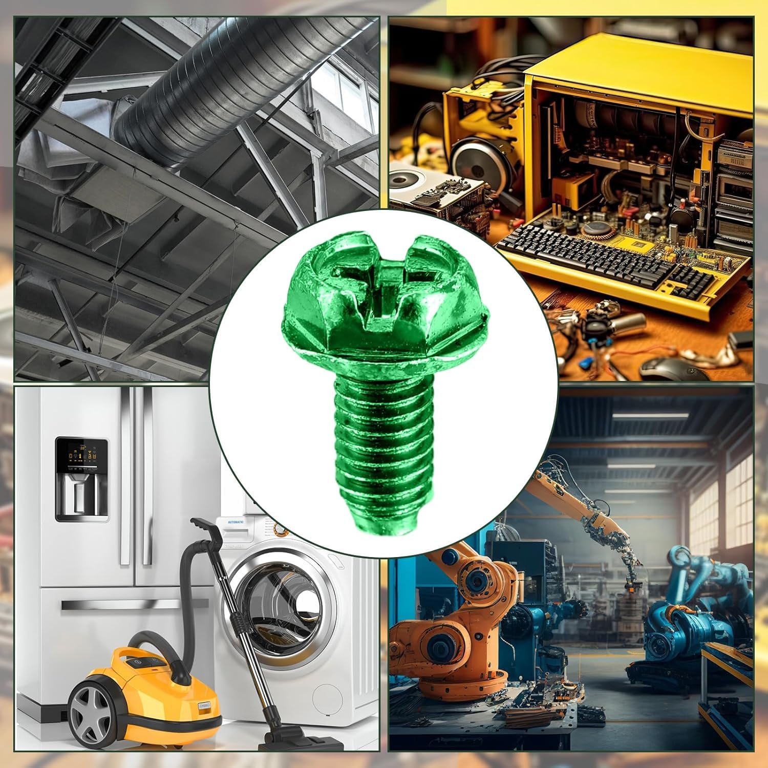 100 Pcs 10-32 x 3/8 Inch Green Ground Screws for Electrical Box – Combo Slotted Hex Washer Head, Carbon Steel with Zinc Plating, Grounding Screws for Junction Box, Metal Outlet & Switch Boxes