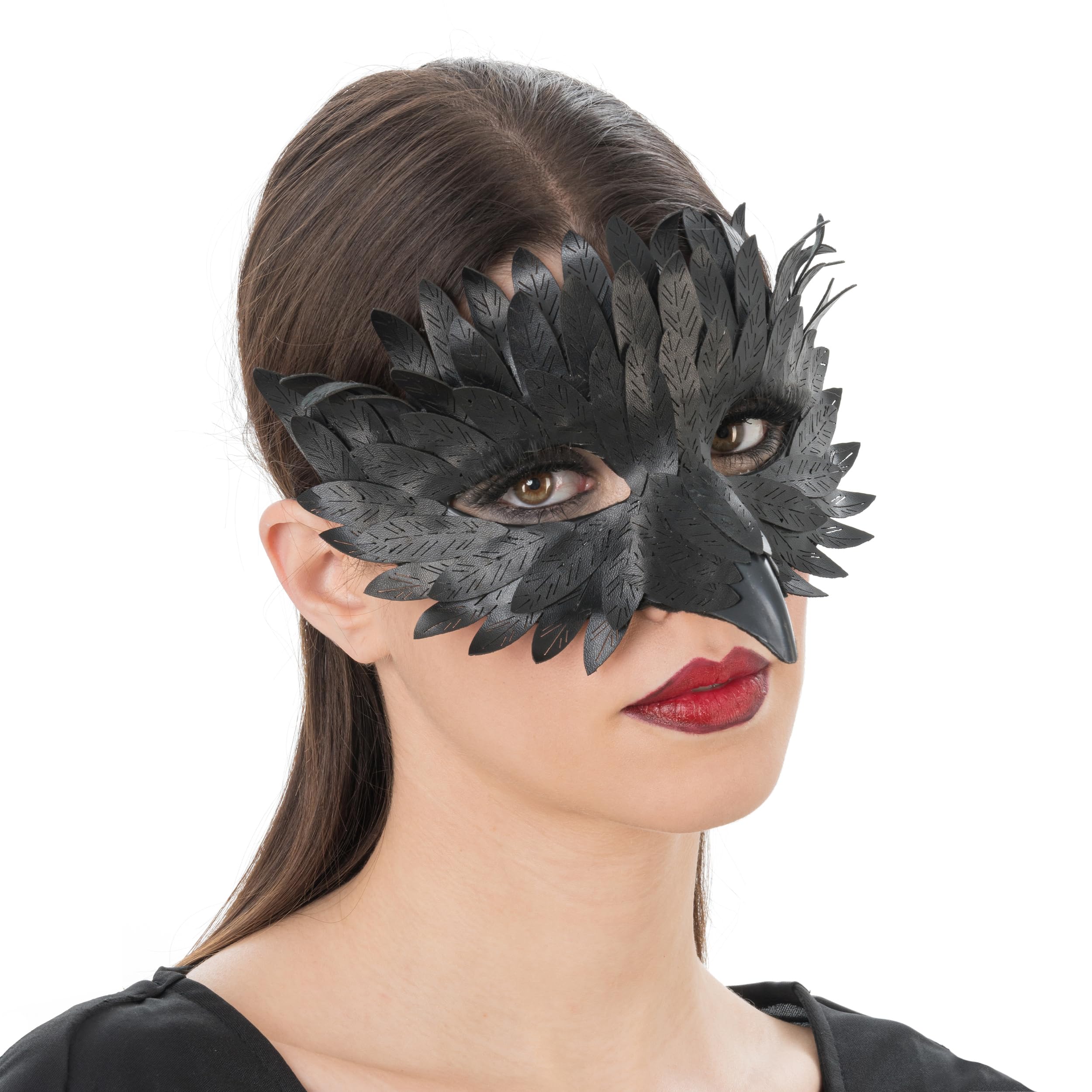 Chaks - Raven Mask Made of Faux Leather, Half Mask with Feather Look and Beak, Costume Accessories for Halloween and Carnival