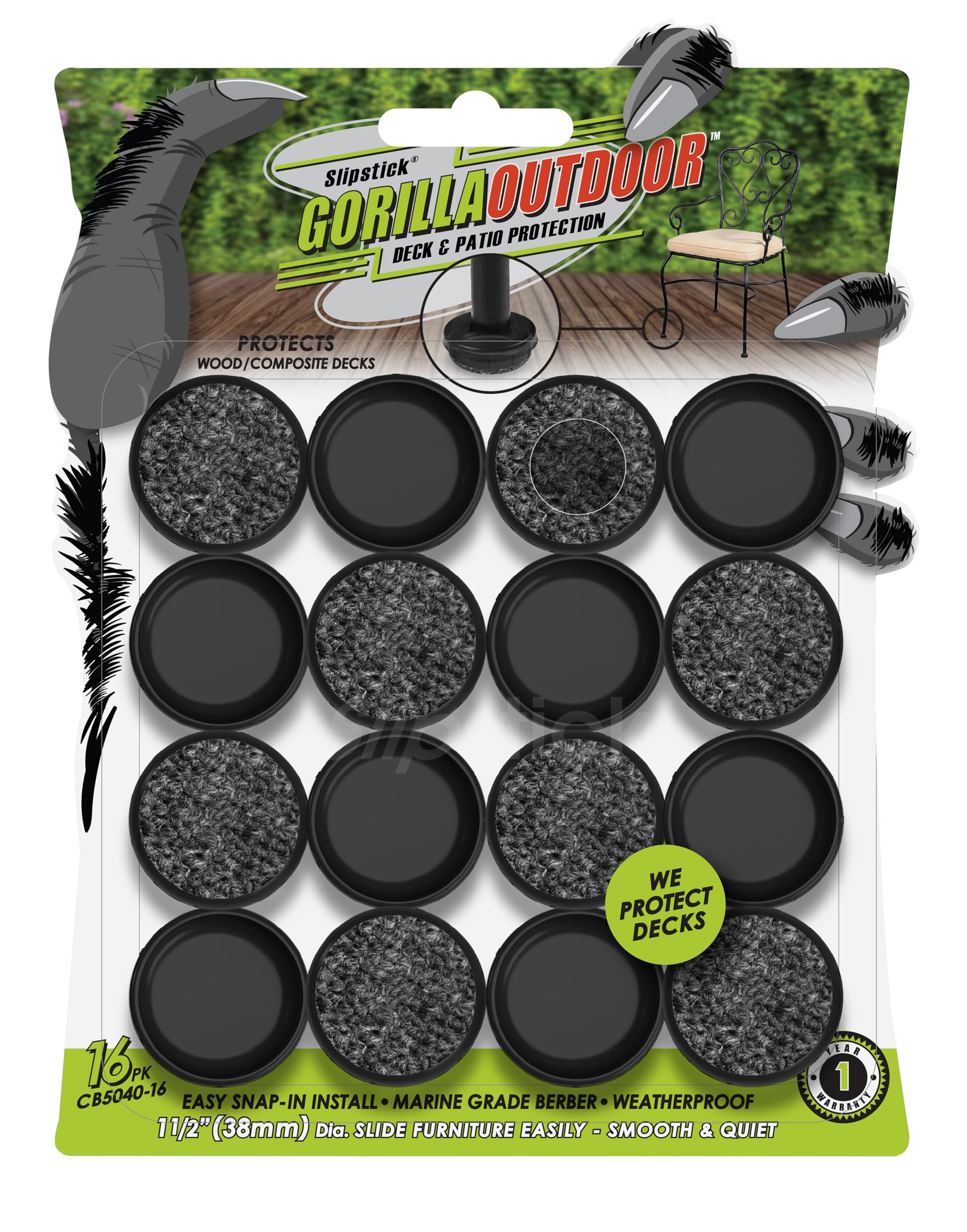 Slipstick Gorilla Outdoor 1-1/2 Inch Patio Chair Leg Caps for Wrought Iron Furniture (16 Pack) Floor Protecting Replacement Feet Glides for Metal