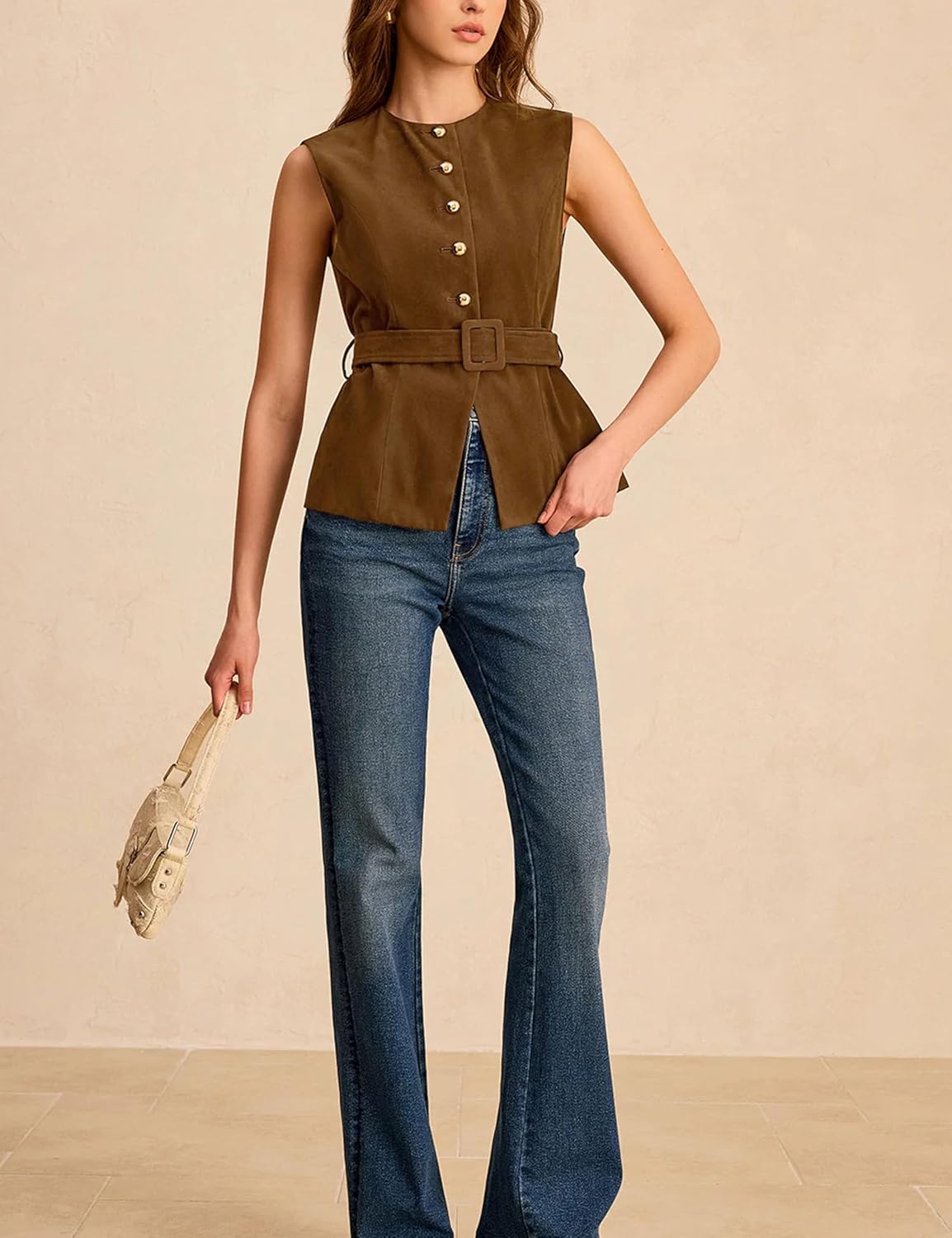 UANEO Suede Vest for Women 2025 Sleeveless Tops Casual Business Button Fashion Waistcoat with Belt (Brown-L) - Image 4