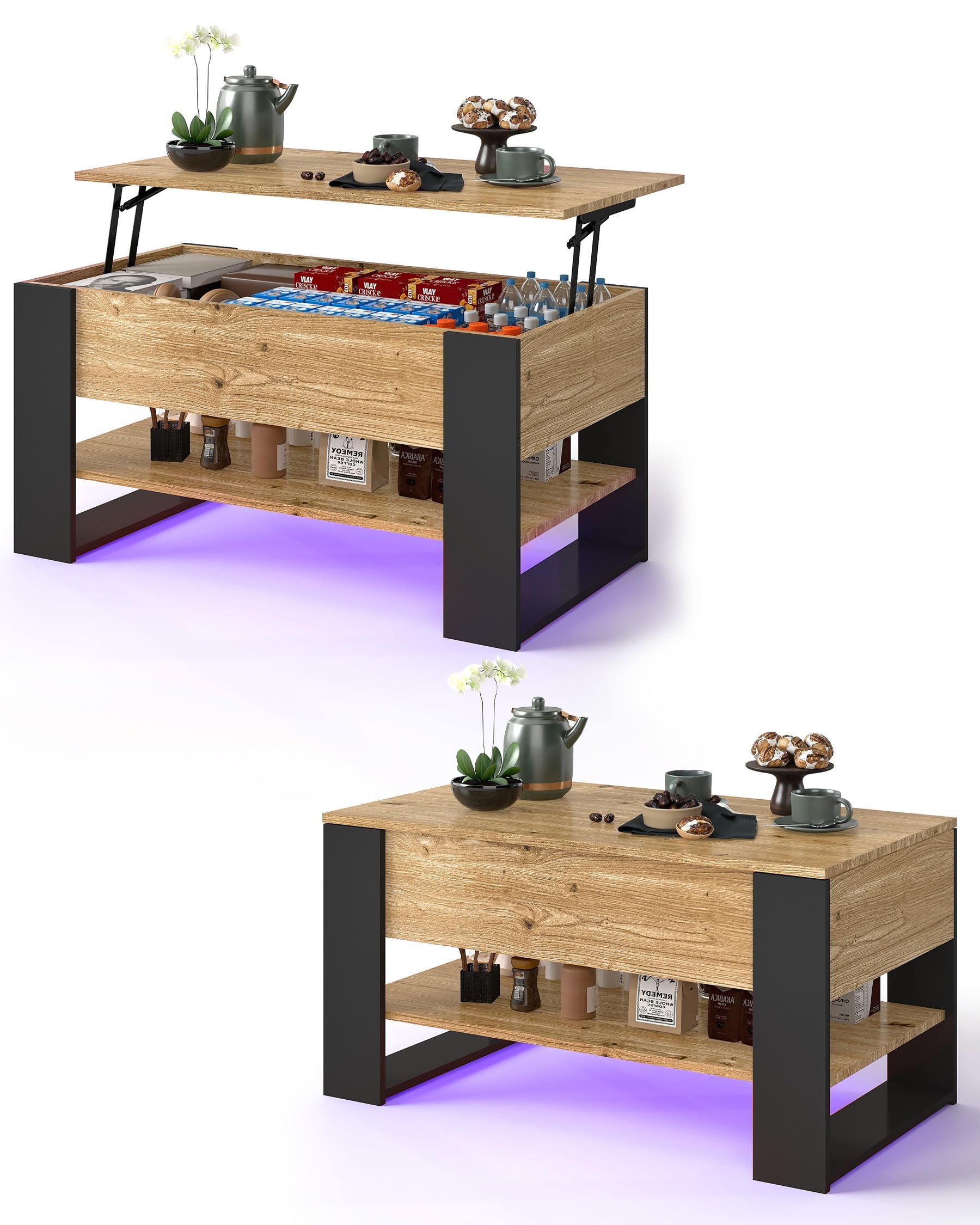 Mesa de Centro Elevable 45-62cm, Coffee Table con Luz LED, Mesas Auxiliares para Salon 92x50cm, Mesa de Centro Madera Roble, Muebles de Salon con Patas Negras U