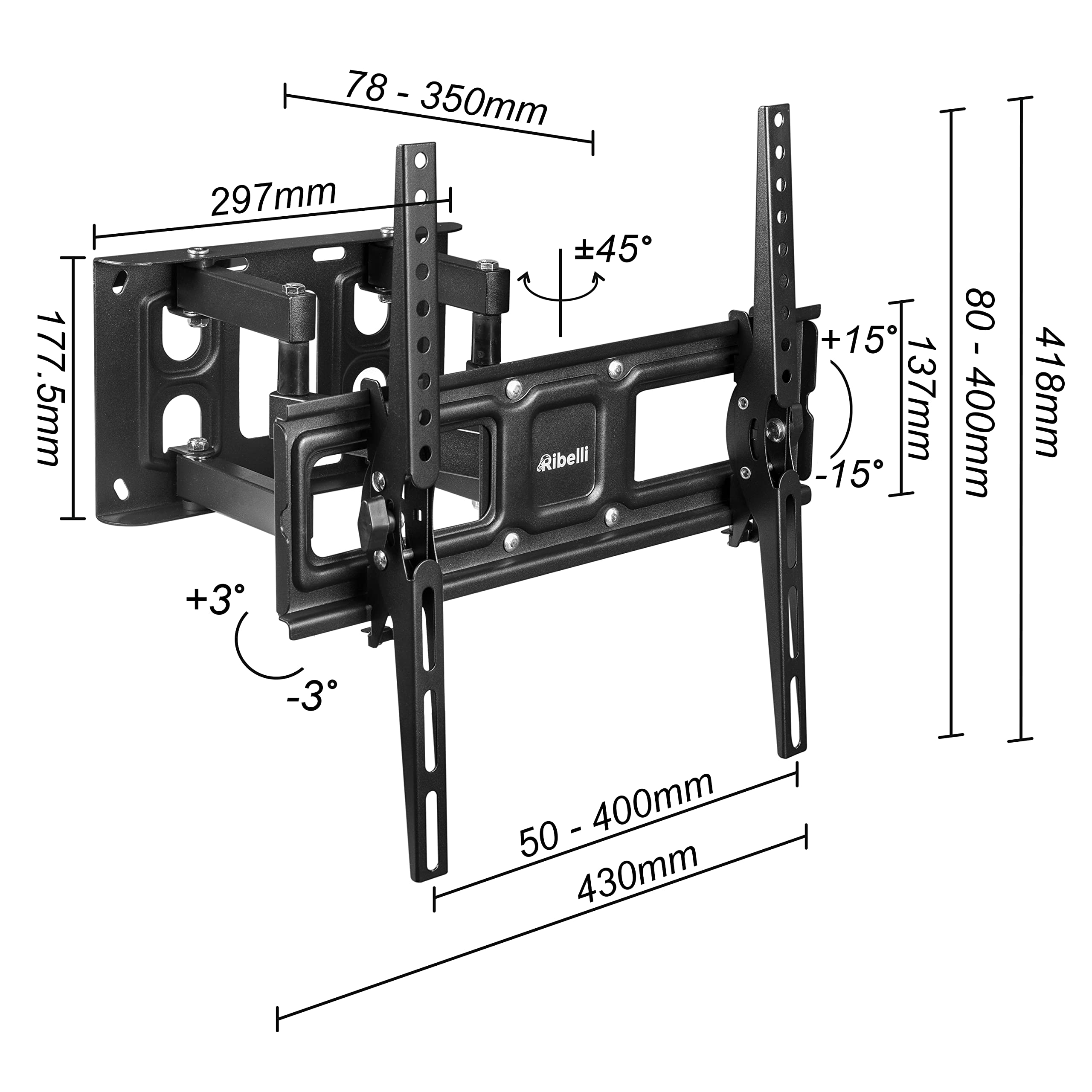 Ribelli Supporto per TV a Parete LED LCD 32-65 Pollici Supporto da Parete orientabile Supporto TV inclinabile