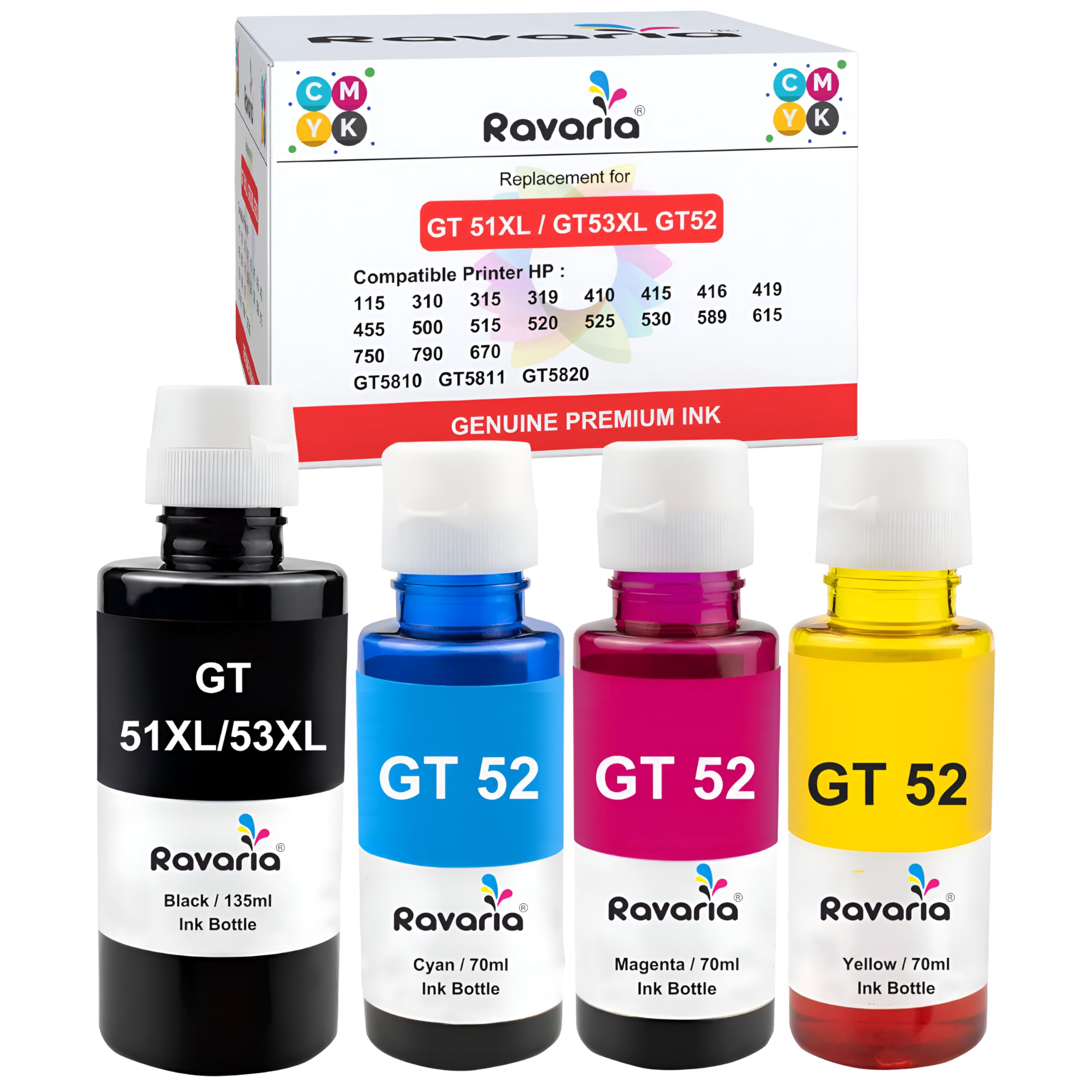 Ravaria Refill Ink for HP GT51XL/53XL GT 52 for HP Ink Tank 115 310 315 319 410 415 416 419 455 500 515 520 525 530 589 615 750 790 670 GT5810 GT5811 GT5820 (GT51XL / GT53XL + GT 52CMY (1 Set)) (B0D4J4MLS1) Amazon Price History, Amazon Price Tracker