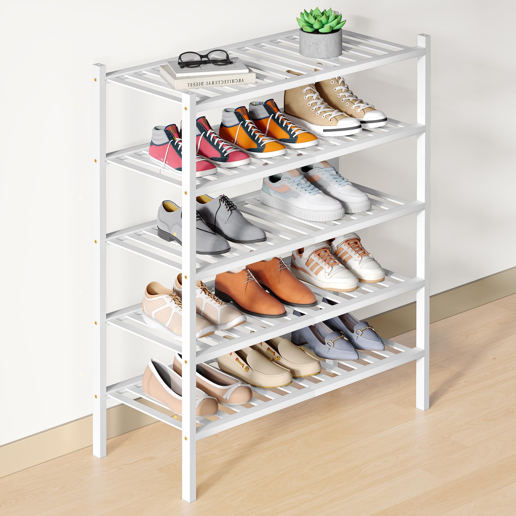 smiry Natural Bamboo Shoe Rack, 5 Tier Wooden Stackable Shoe Storage Organiser, Free Standing Shoes Storage Shelf for Entryway, Hallway, Small Spaces, Living Room, White
