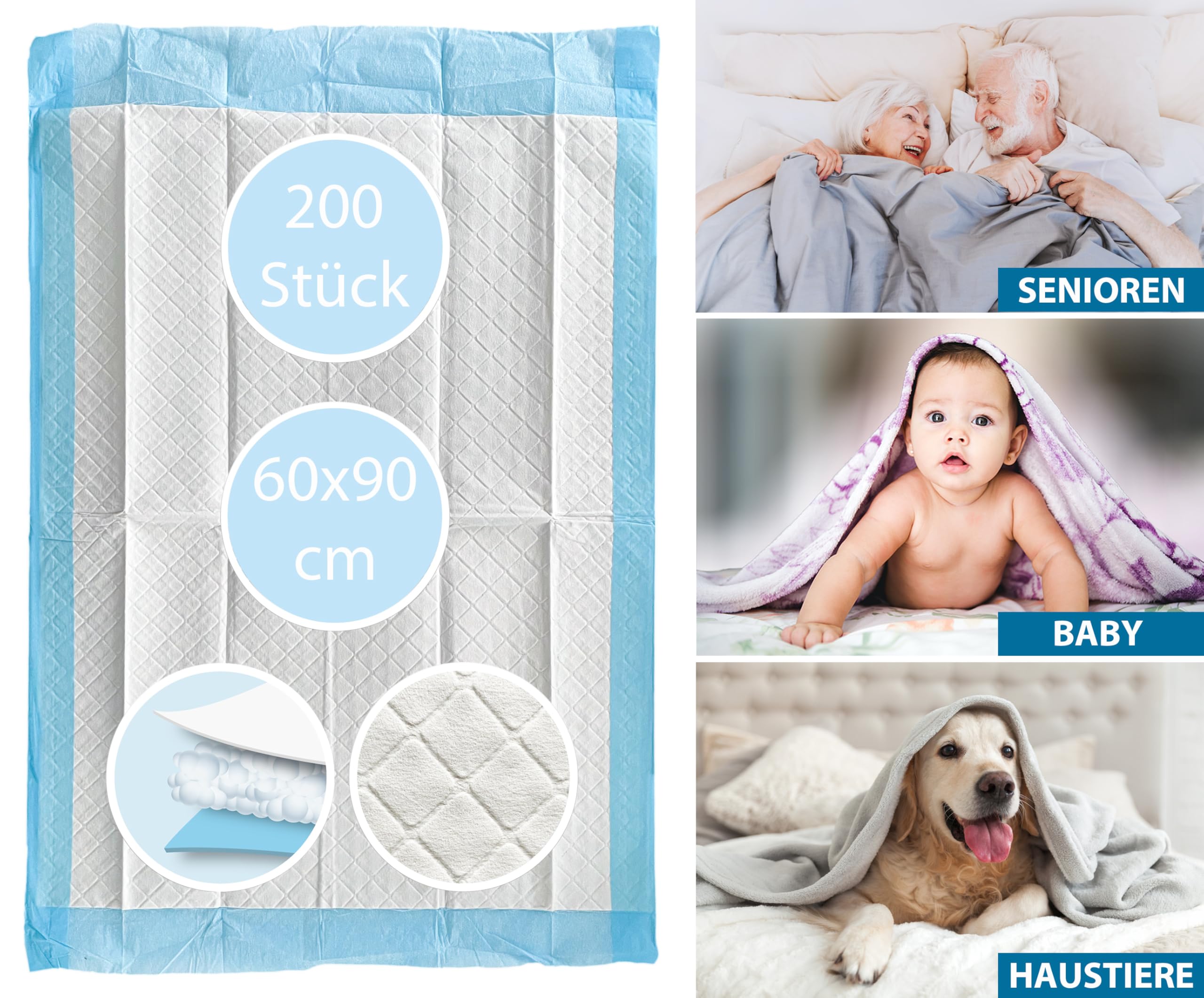 TIGA-MED SAP Premium - Compresas para incontinencia (60 x 90 cm, 200 compresas desechables para enfermos, extraabsorbentes e impermeables, protectores de cama, pañales y cachorros)