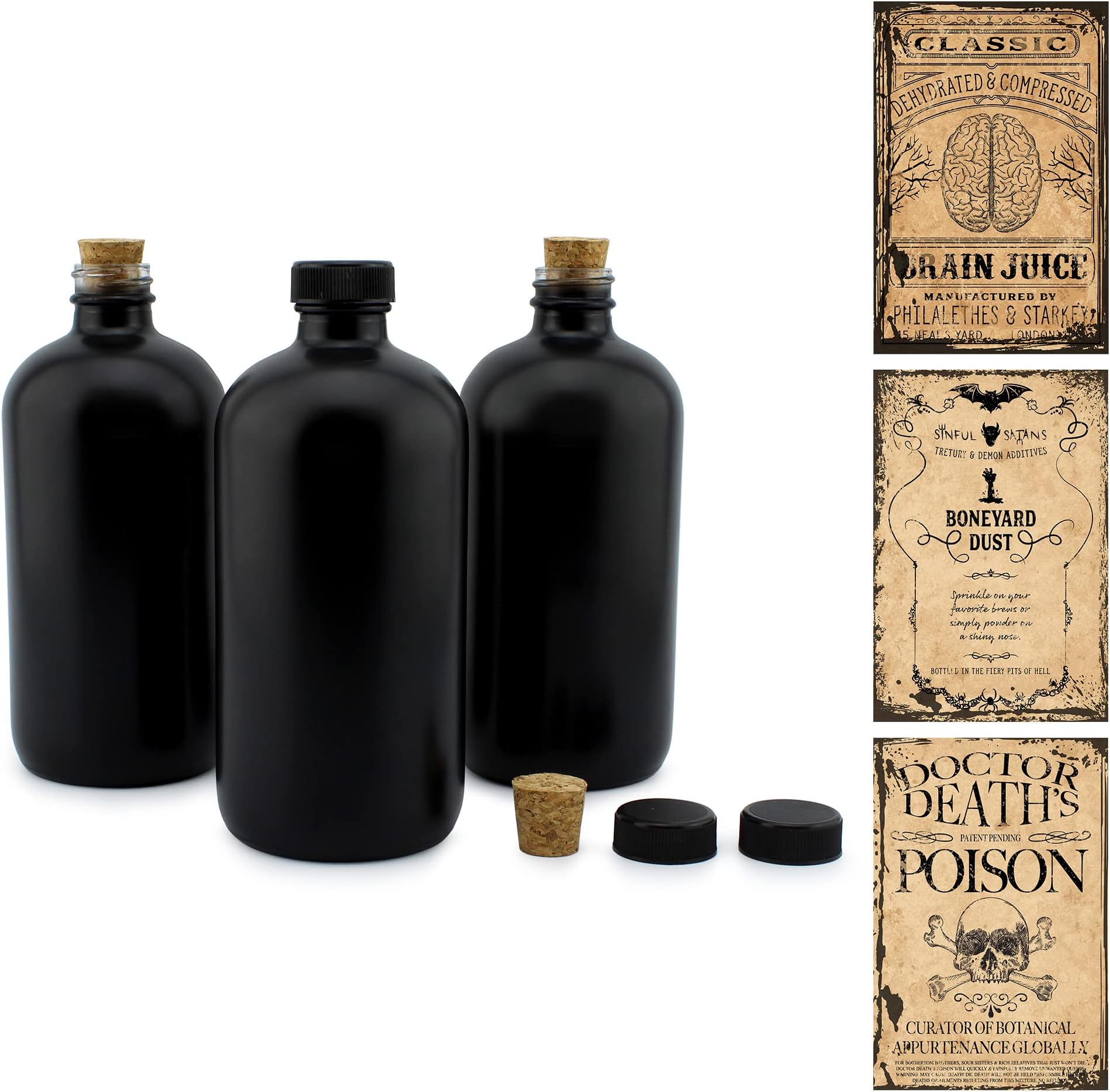 Cornucopia Brands Black 16-Ounce Glass Apothecary Bottles (3-Pack); Boston Round Bottles with Designer Labels Ideal for Aromatherapy, DIY, Herbal Treatments and Halloween, Matte Black Coated Bottles