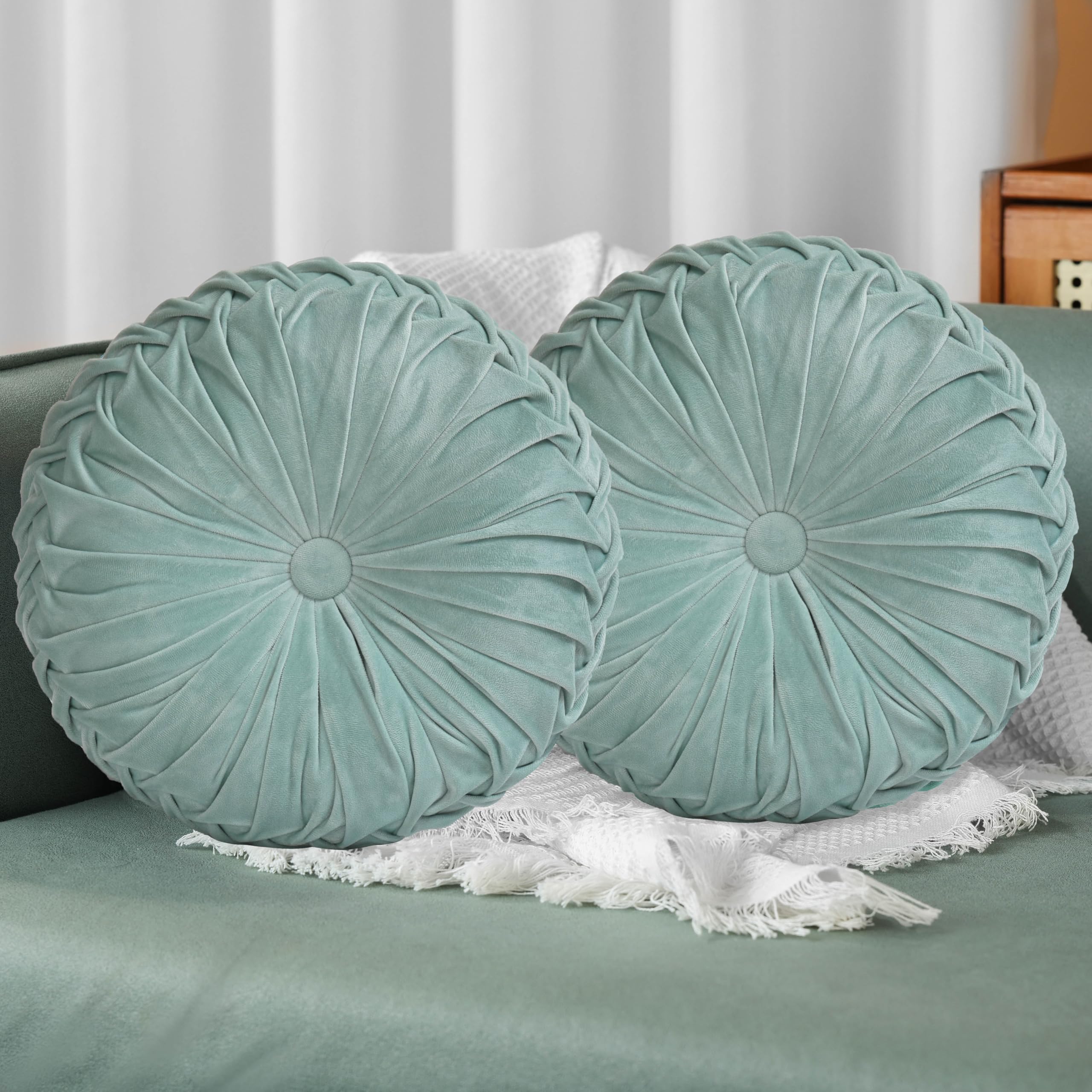 HIG Set of 2 Aqua Velvet Decorative Round Pleated Throw Pillows