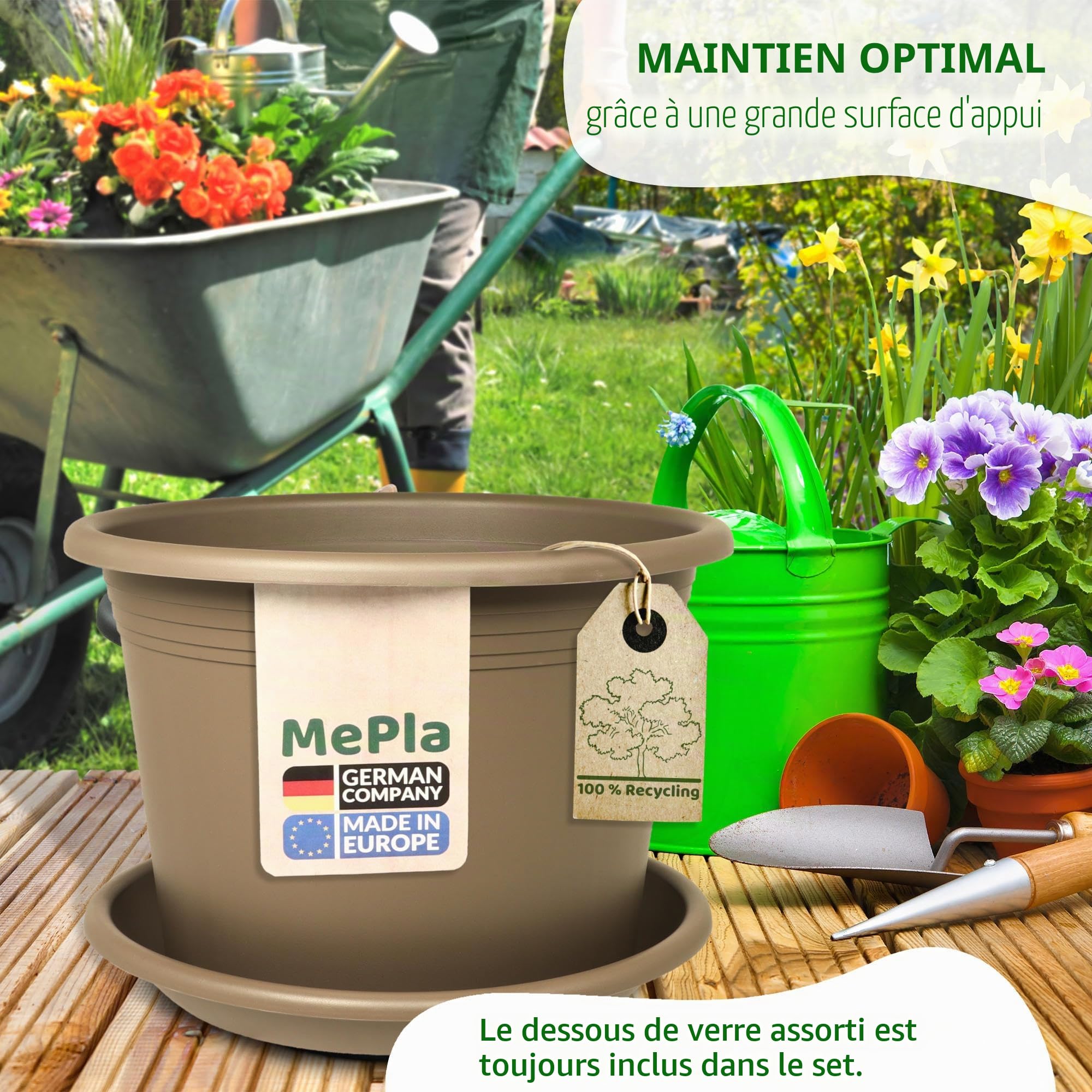 MePla - Pot de fleurs bac à plantes Cylindro ø60 cm + soucoupe ø58 cm, Taupe, résistant aux intempéries en plastique résistant aux UV
