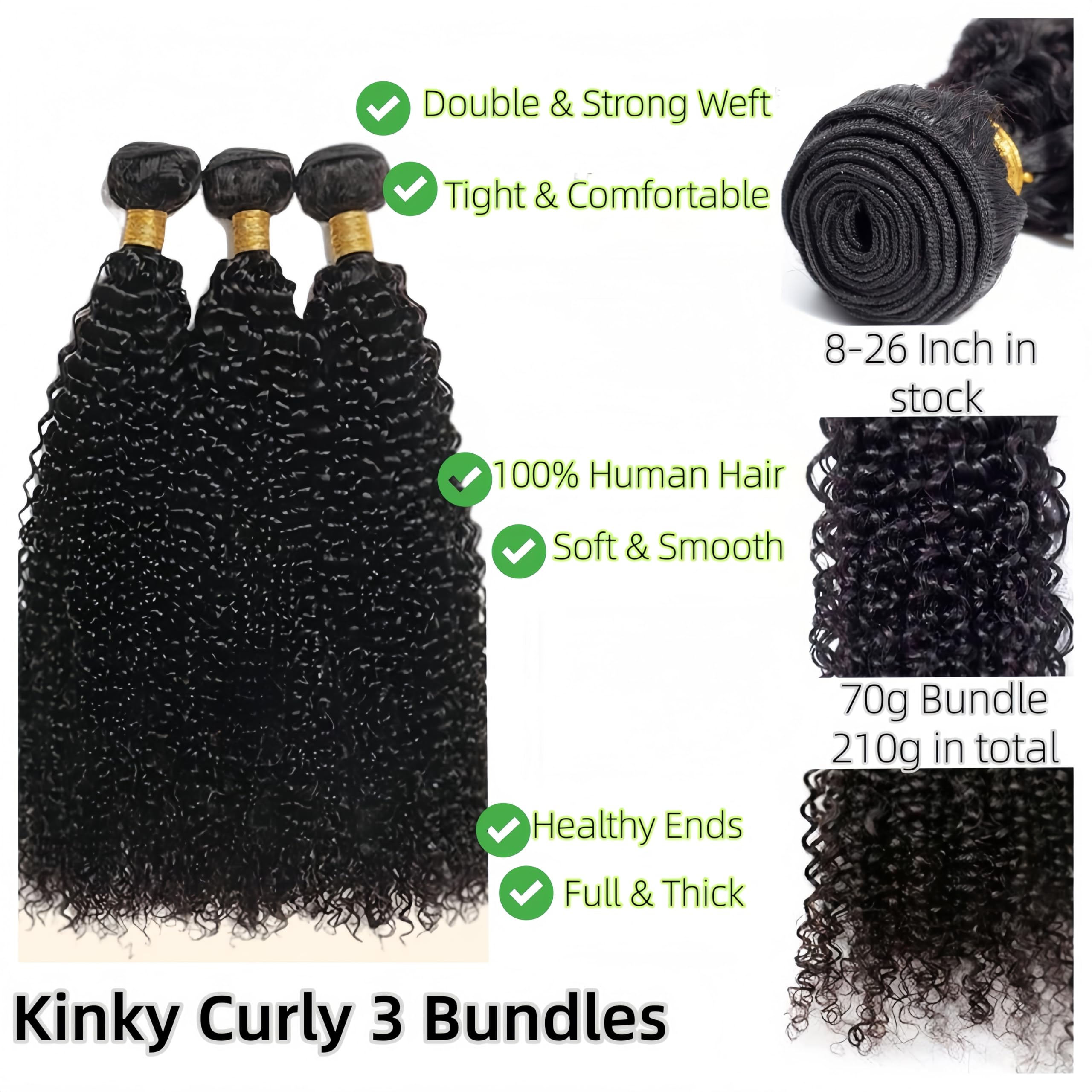 Kinky Curly Natural Human Hair Bundles 14 16 18 Cali Human Hair Bundle - 100% Nieprzetworzone Brazilian Virgin Hair Wefts - 3 Wiązki 210g - Weave Extensions Naturalny Czarny