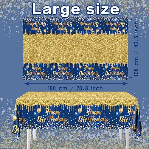 Miniatura 5 de Mantel de feliz cumpleaños, 3 manteles azul marino y dorado para fiestas, decoración de cumpleaños con purpurina para mujeres y hombres, suministros