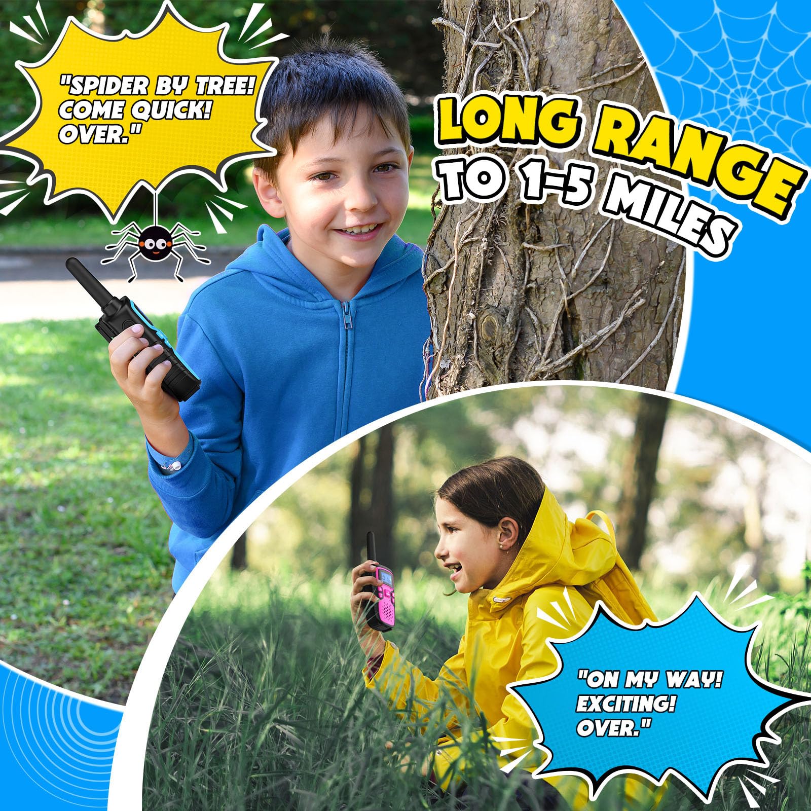 Walkie Talkies para niños recargables de largo alcance, regalo de cumpleaños de Navidad para niños de 4, 5, 6, 7, 8, 9 años, equipo de senderismo, juegos de campamento, juguetes geniales con 2