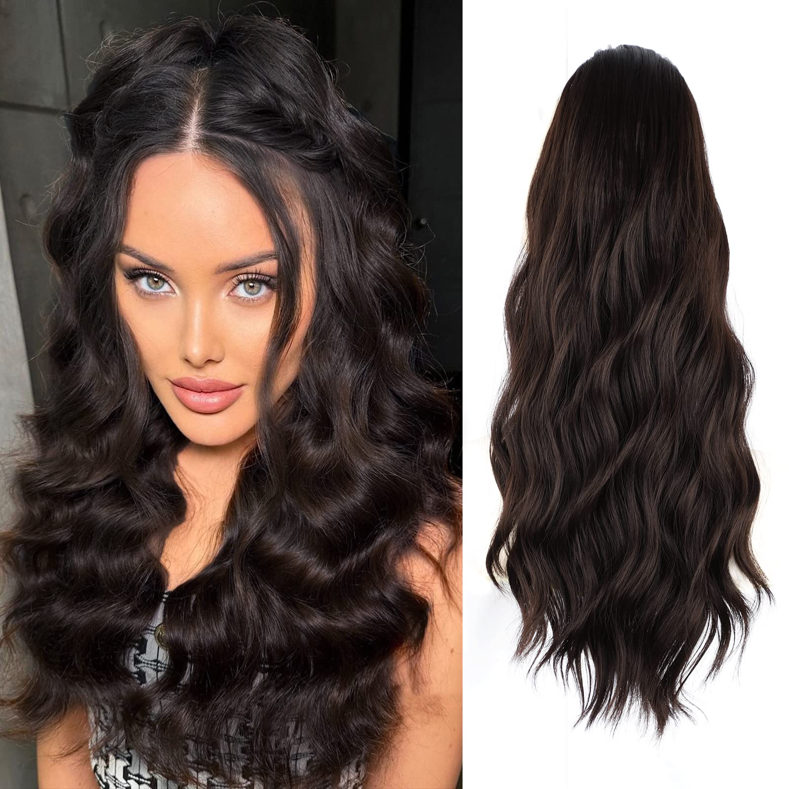 FREEMEIGE Ponytail Extension, Drawstring Ponytail Extensions 22 Inch Long Curly Wavy Pony Tail Hair Extensions Wavy Synthetic Hairpiece for Women