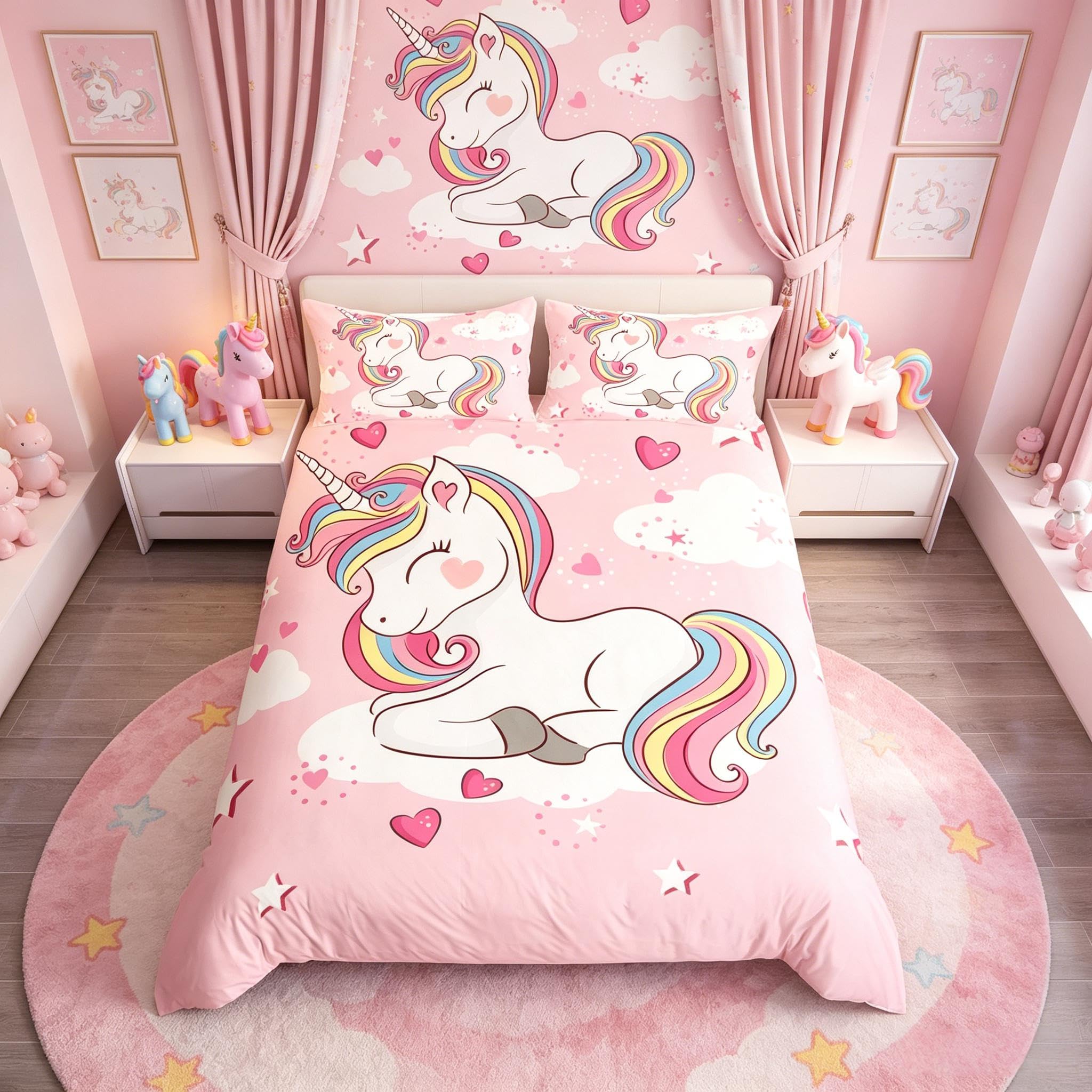 Loussiesd Unicorn Duvet Cover Set for Kids Girls Pink Heart Bedding Set Unicorn Gifts Comforter Cover Cute Bedding Junior/Cot Bed โ image 1