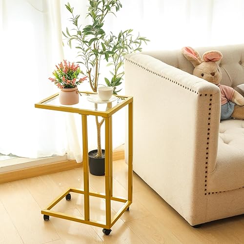 Miniatura 7 de Fixwal Mesa auxiliar en forma de C, mesa auxiliar de vidrio templado con marco de metal, mesa de bandeja de TV para sala de estar, dormitorio, café,
