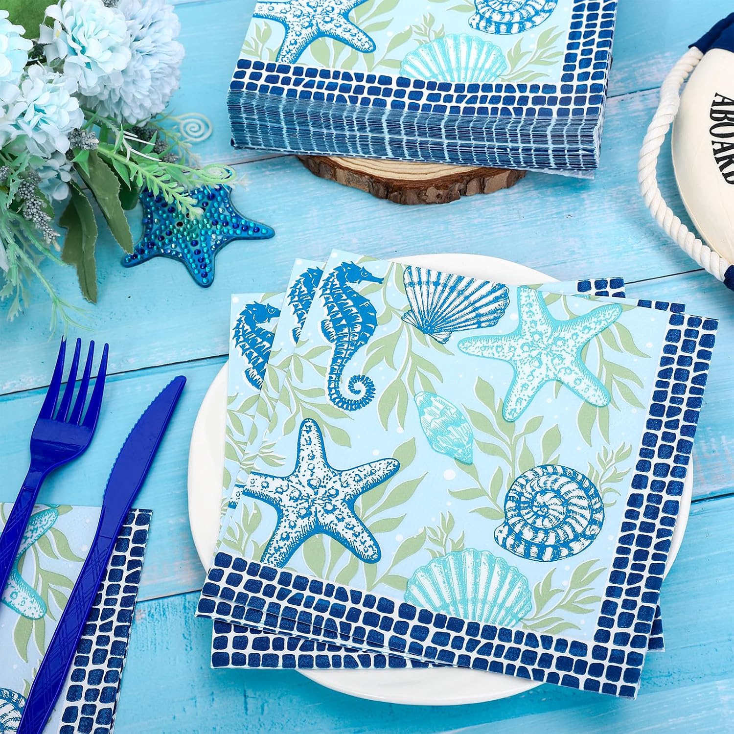 FYSUIMU 50 Pcs Summer Ocean Paper Napkins Under the Sea Seashell Starfish Disposable Napkins Watercolor Blue Luncheon Dinner Napkin for Birthday Beach Party Table Supplies