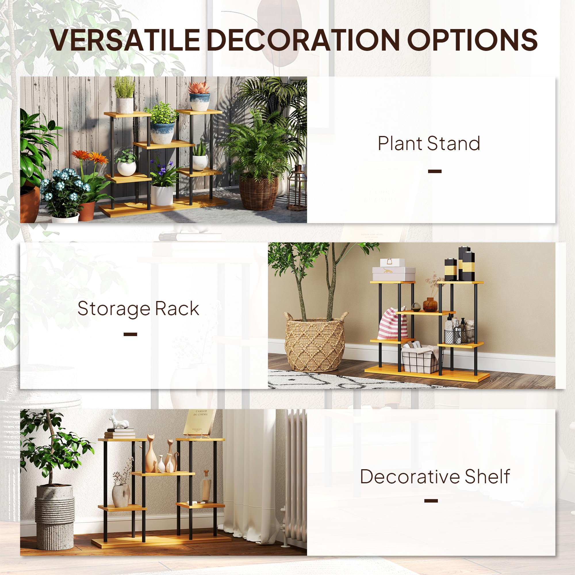 Outsunny Soporte para plantas de interior, estante para plantas de 6 niveles, estructura de acero con base de madera maciza, soporte para plantas para salón, balcón, jardín, madera natural