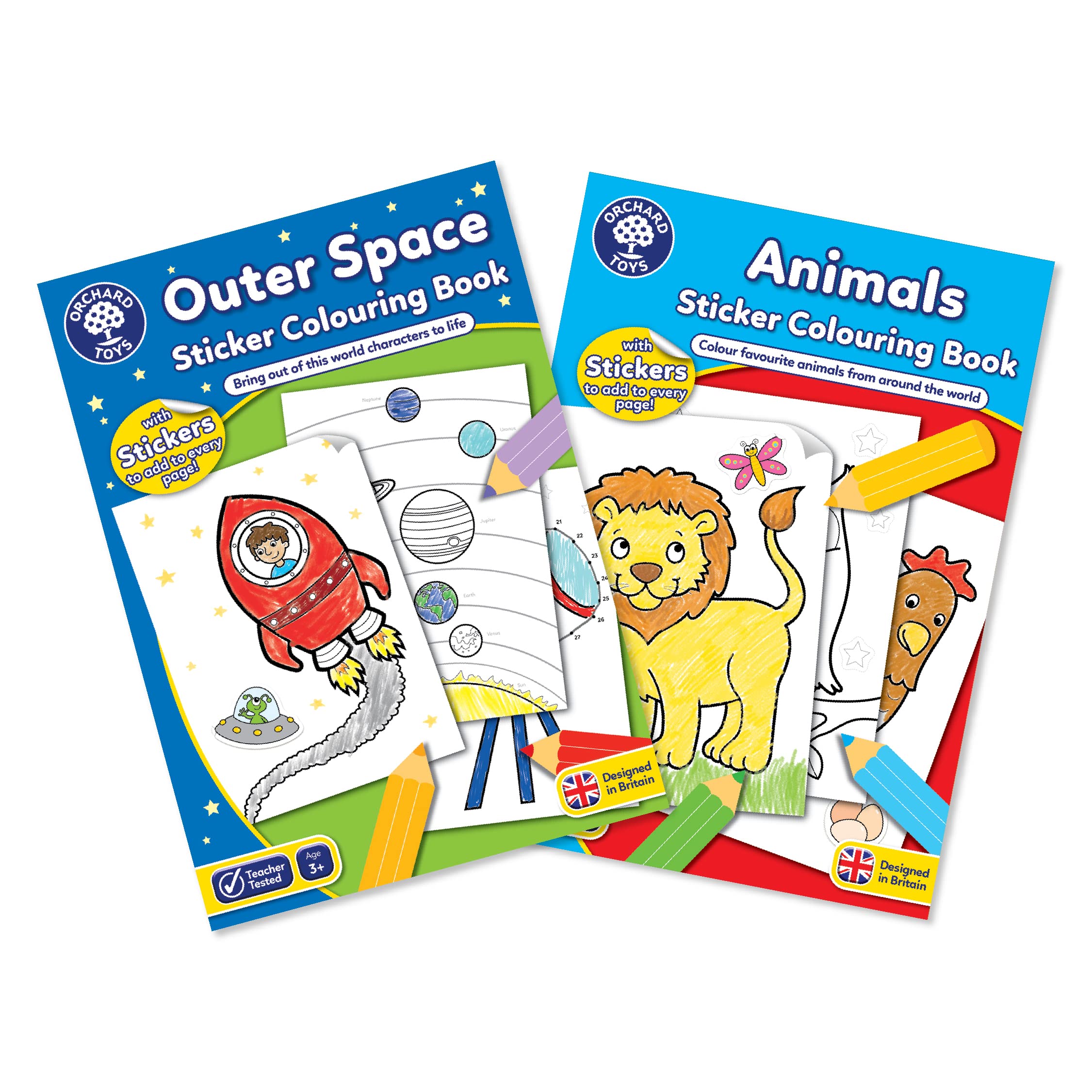 Orchard Toys Outer Space and Animals Sticker Colouring Book Engaging Educational Activity Designed for Preschoolers and Kids Aged 3 to 7 Years – Set of 2