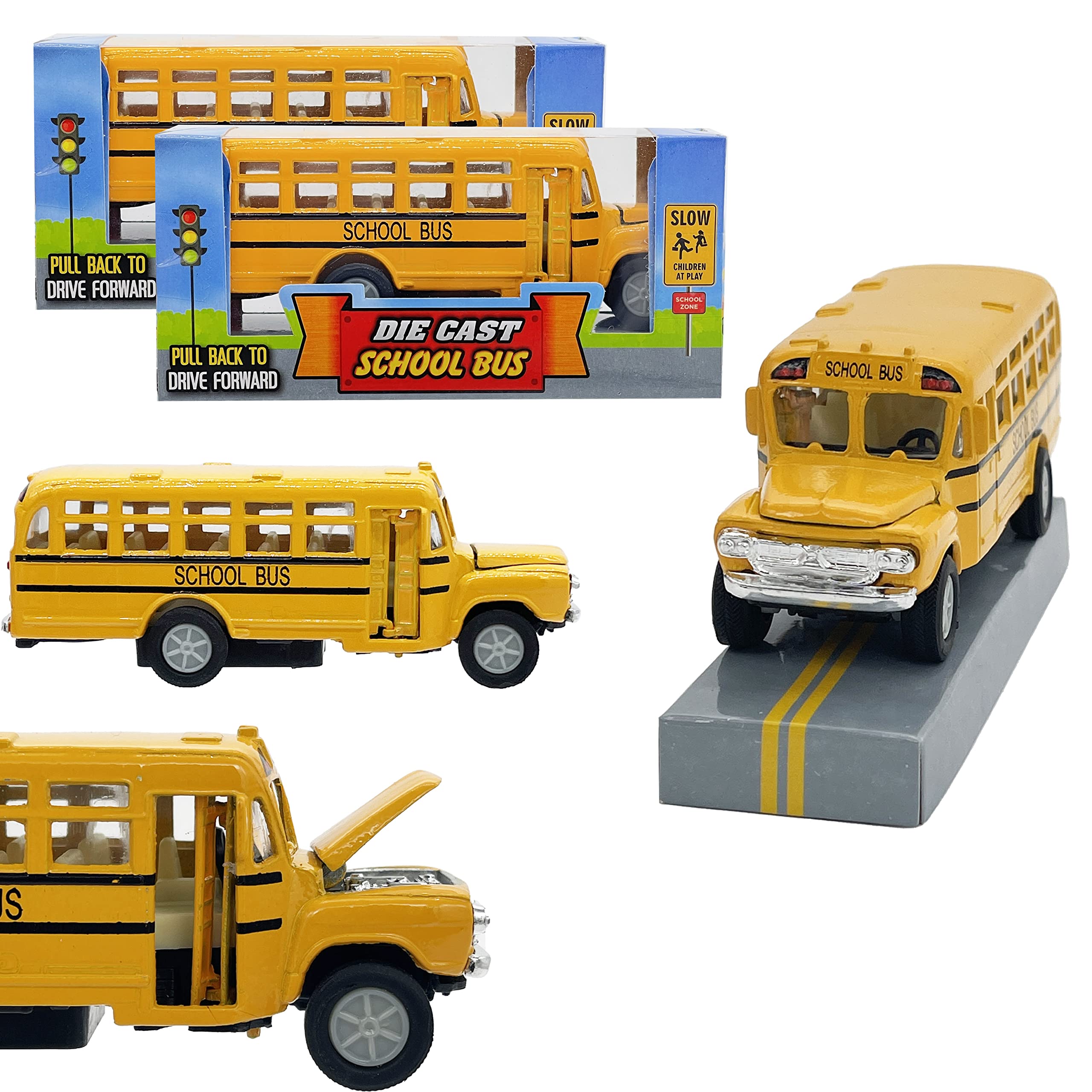 The Dreidel Company Die-Cast Pull Back School Bus, Toy Play Vehicles Car for Kids, Party Favor (4.75"-School Bus, 2-Pack)