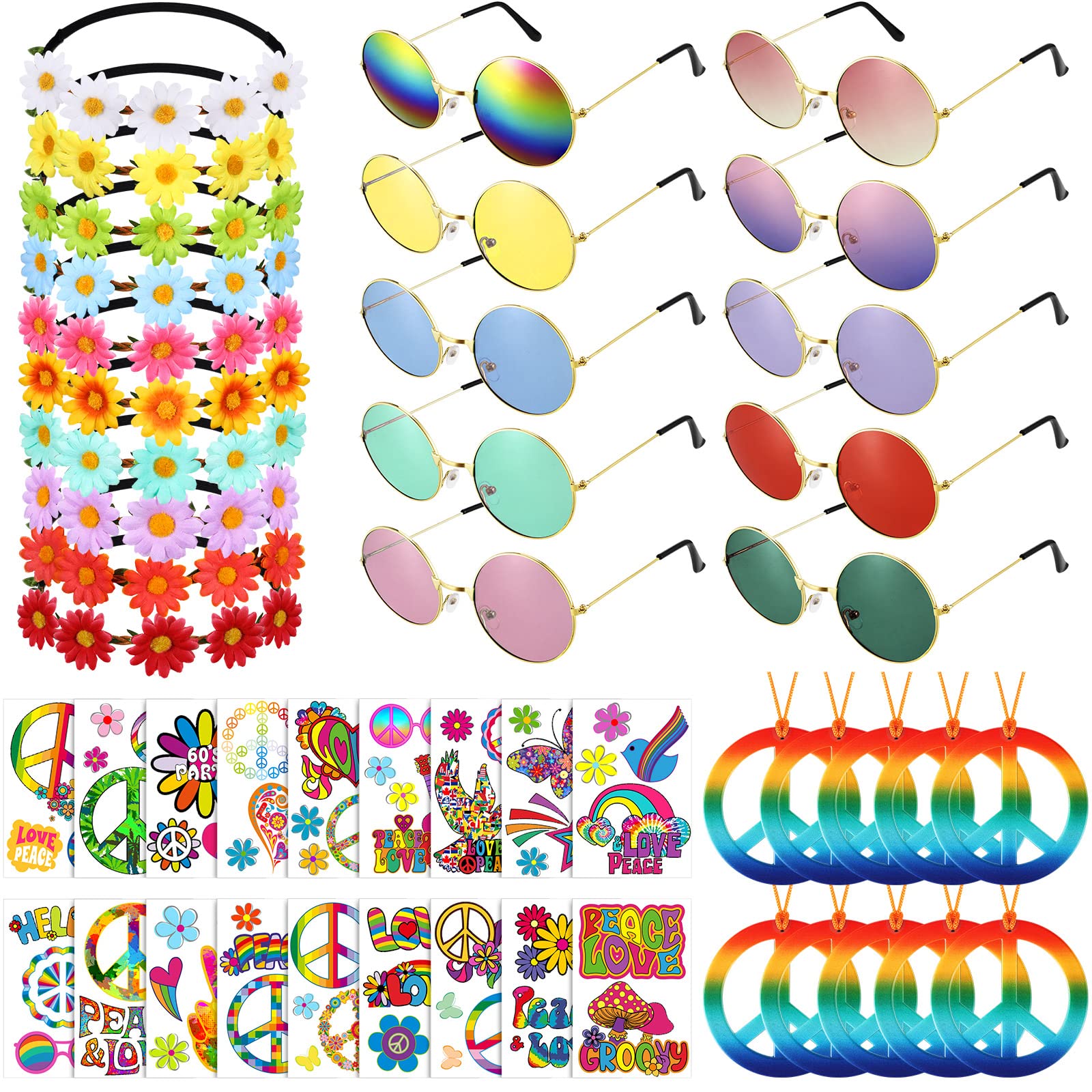48 Pcs Hippie Glasses Headband Costume Accessory Set Includes Multicolor Daisy Flower Headband Round Hippie Sunglasses Rainbow Peace Sign Necklace Glitter Temporary Tattoo Stickers for Women Men