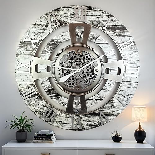 Miniatura 14 de ImprovingLife The Gears Clock - Reloj de pared con engranaje móvil real, línea inglesa (beige desierto, 36 pulgadas (90 cm)) Beige desierto,Aqua