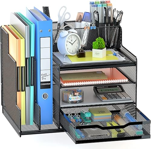 VIVSOL Organizador de escritorio con soporte de archivos de malla, organizadores de escritorio de 4 niveles y accesorios con cajones deslizantes, 3