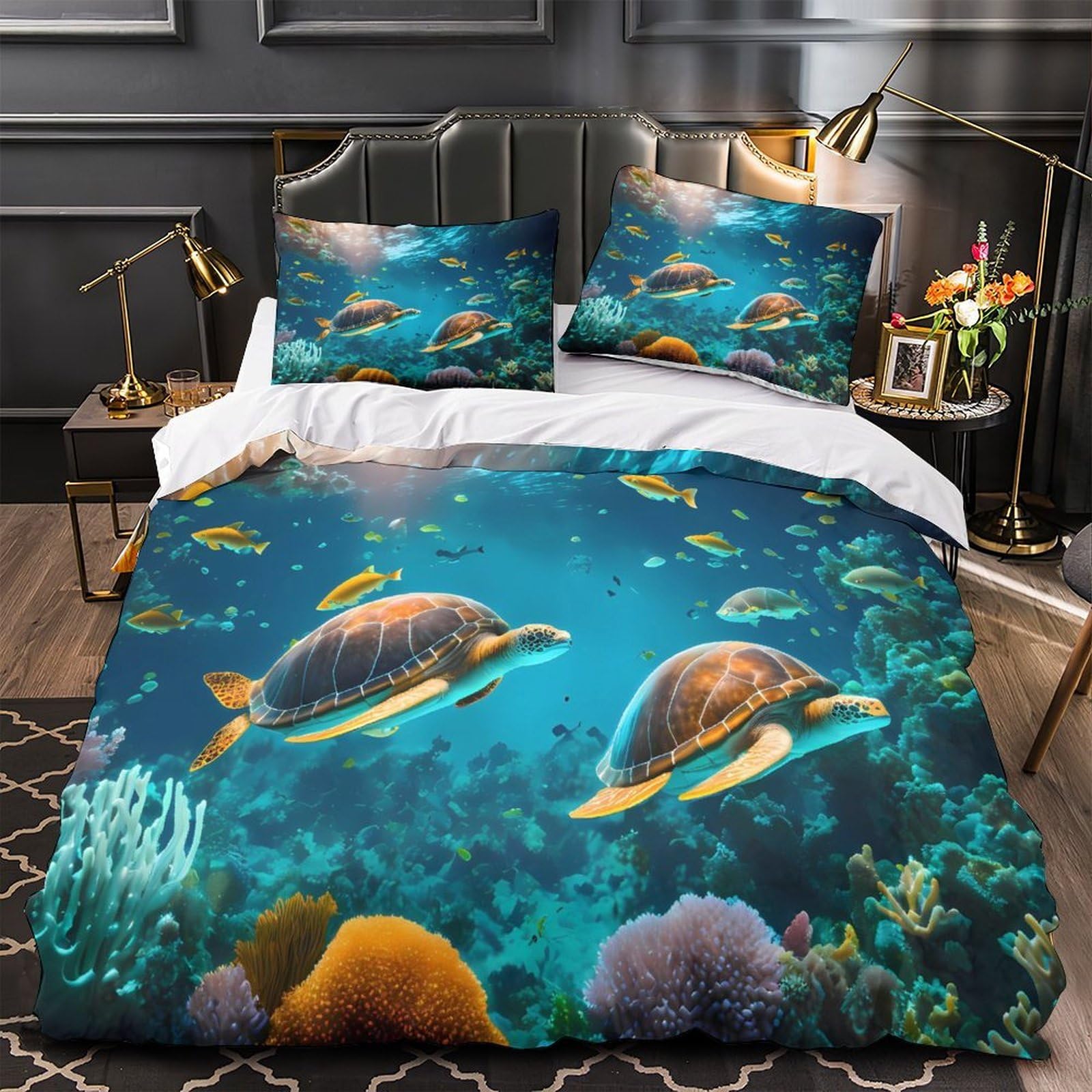 Housse de couette tortue marine 3d zippée pour lit simple fille infroissable
