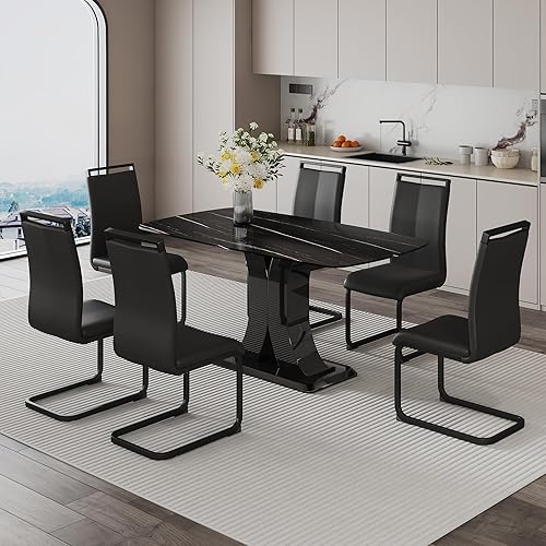 Modern Dining Table Set for 6, Marble Kitchen Table Chair Set for 6, Rectangular Kitchen Table with 6 Pu Leather Upholstered Chair for Dining Room (Black Table + 6 Black Chairs)