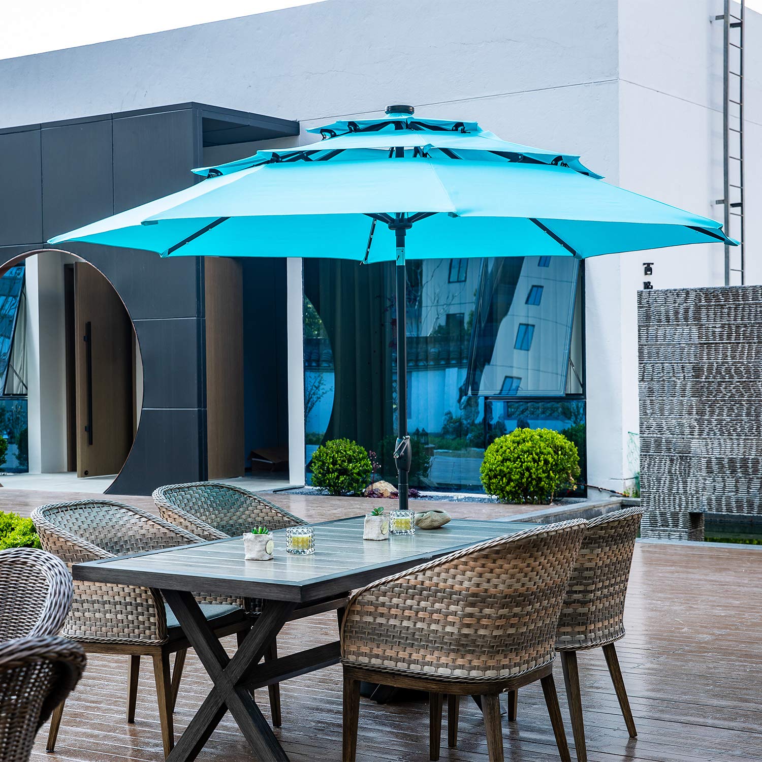 Amazon Com 10ft 3 Tiers Patio Umbrella With Lights Windproof Outdoor Market Umbrella Large Waterproof Table Umbrella With Tilt And Crank Blue Garden Outdoor