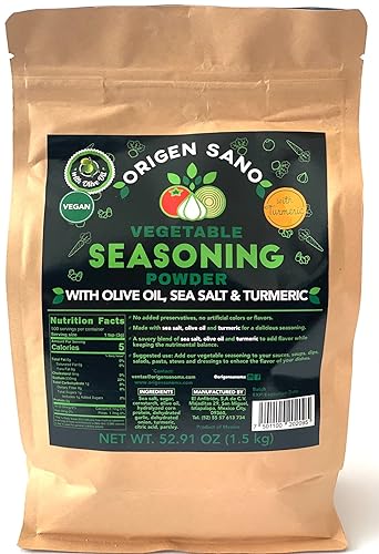 Origen Sano  Condimento vegetal en polvo  Caldo vegano  Con aceite de oliva, sal marina y cúrcuma, 52.91oz (1.5kg)