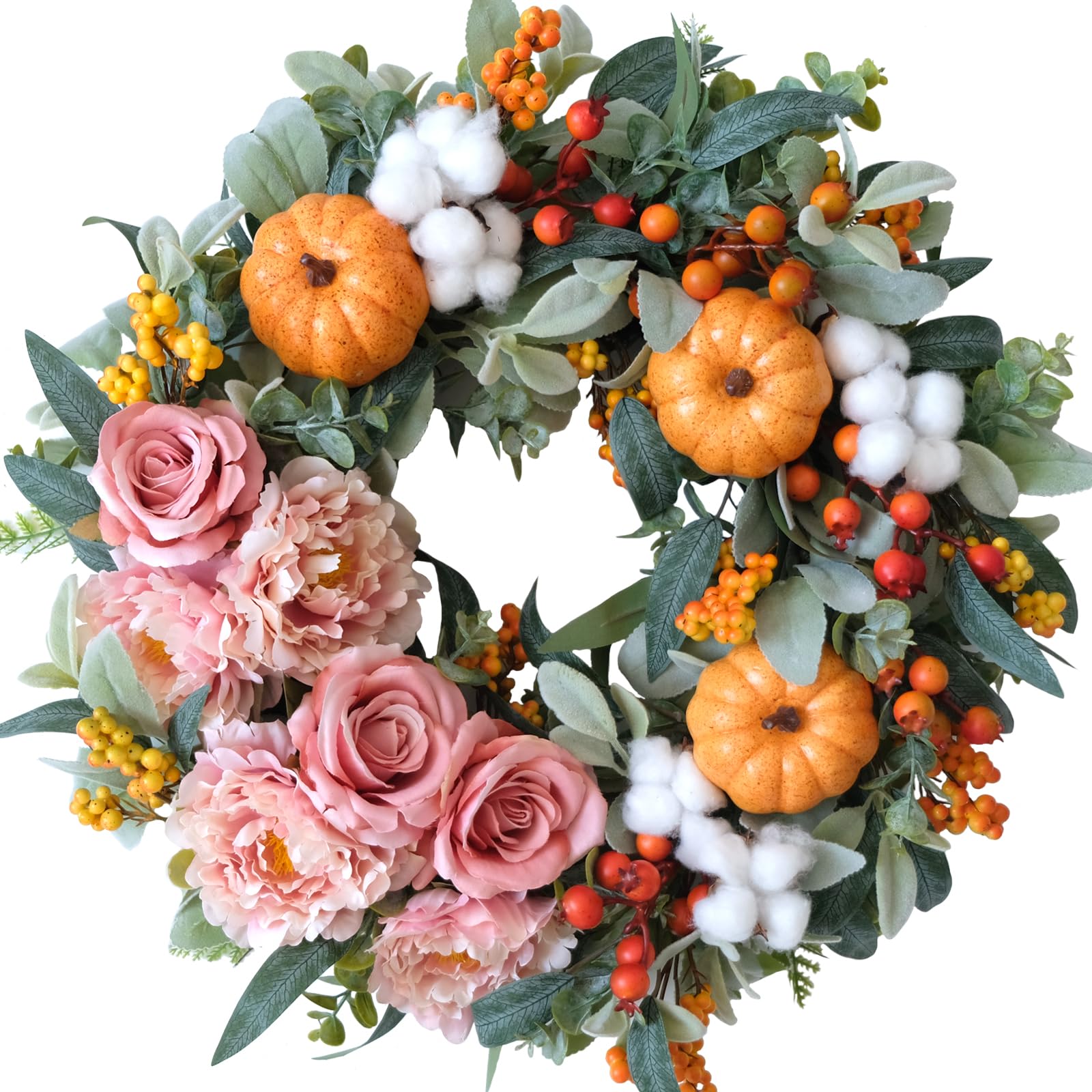 Couronne d'automne porte entrée citrouille baie dahlia maison 55cm