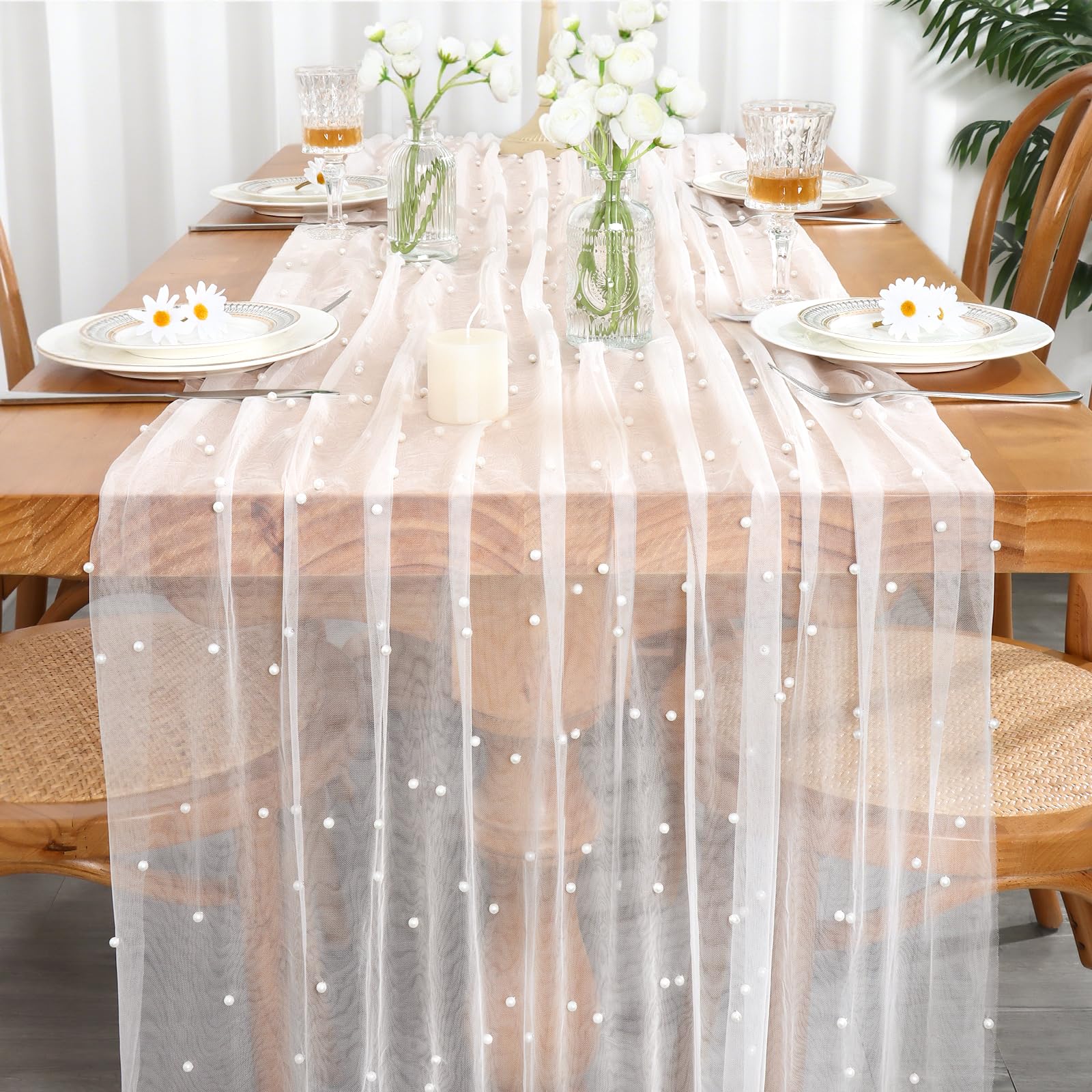 LOMOHOO Table Runner White 75x300cm Elegant Wedding Table Decoration with Pearl and Tulle, White Lace Tablecloth Sheer Table Cloth Runner Pearl Gauze for Bridal Shower Birthday Party Dining Table