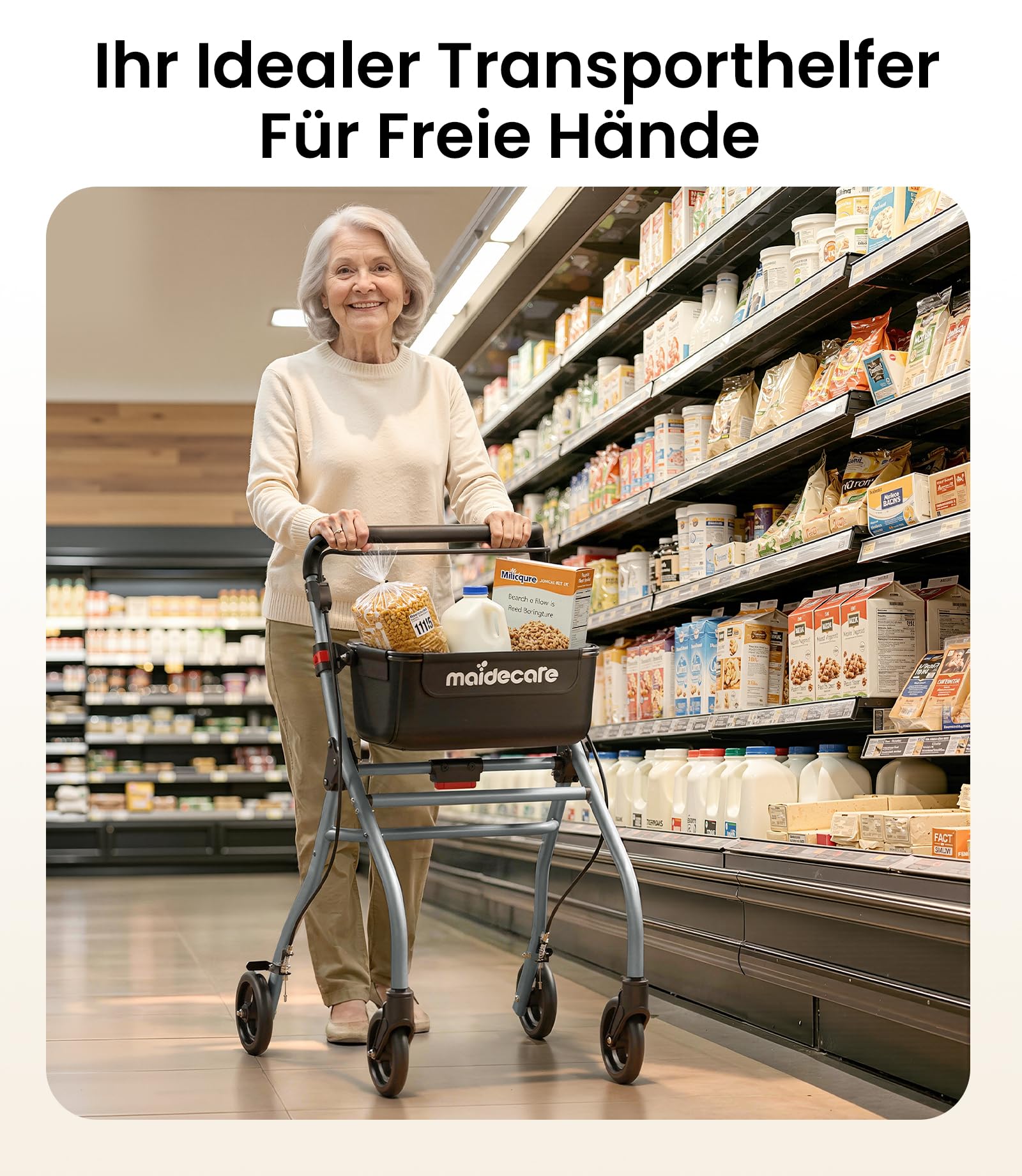 Rollator Schmal für Wohnung, Indoor Rollator Faltbar und Leicht mit Klappbar Tablett & Stoffkorb, Gehhilfe für Senioren mit Spuer Leiser Anti-Rutsch Reifen,Aluminium, Mobilität für Zuhause, Silber