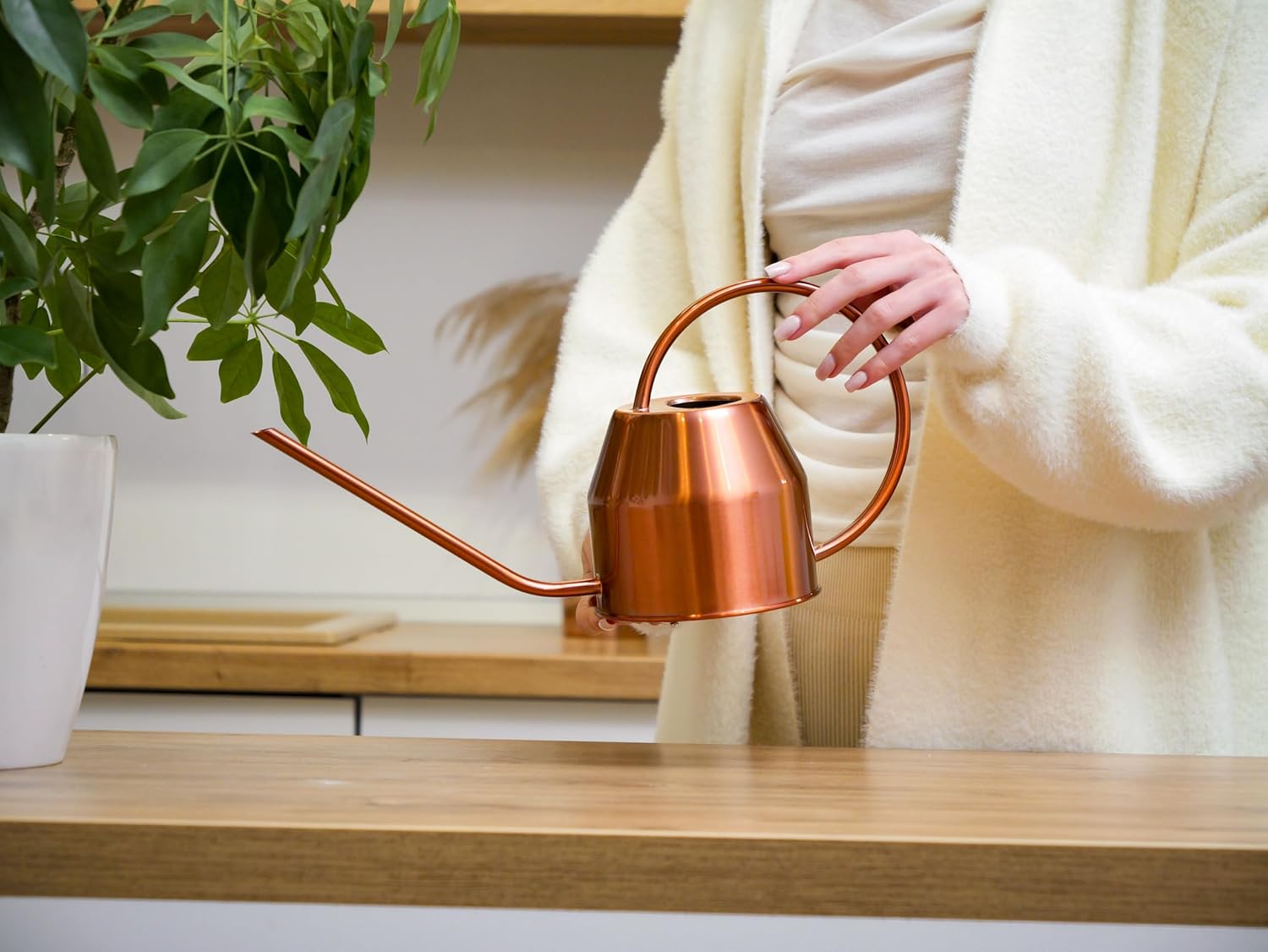 Plexon Rose Gold Metal Watering Can Indoor Plants 40 oz, Stainless Steel Long Spout Watering Can Outdoor House Plant Flower, Garden
