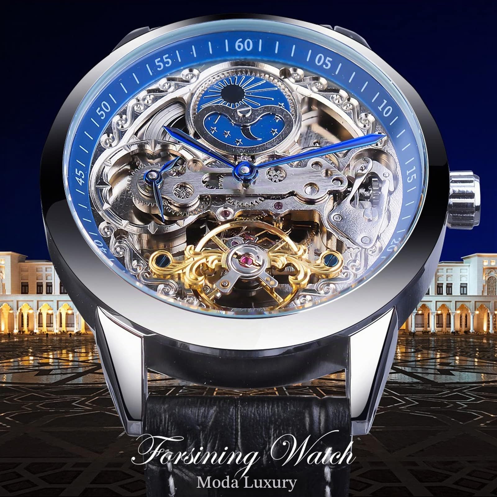 FORSINING Orologio da uomo Tourbillon Fase lunare Orologio da polso automatico da uomo in pelle moda business scheletro orologi di lusso a carica manuale