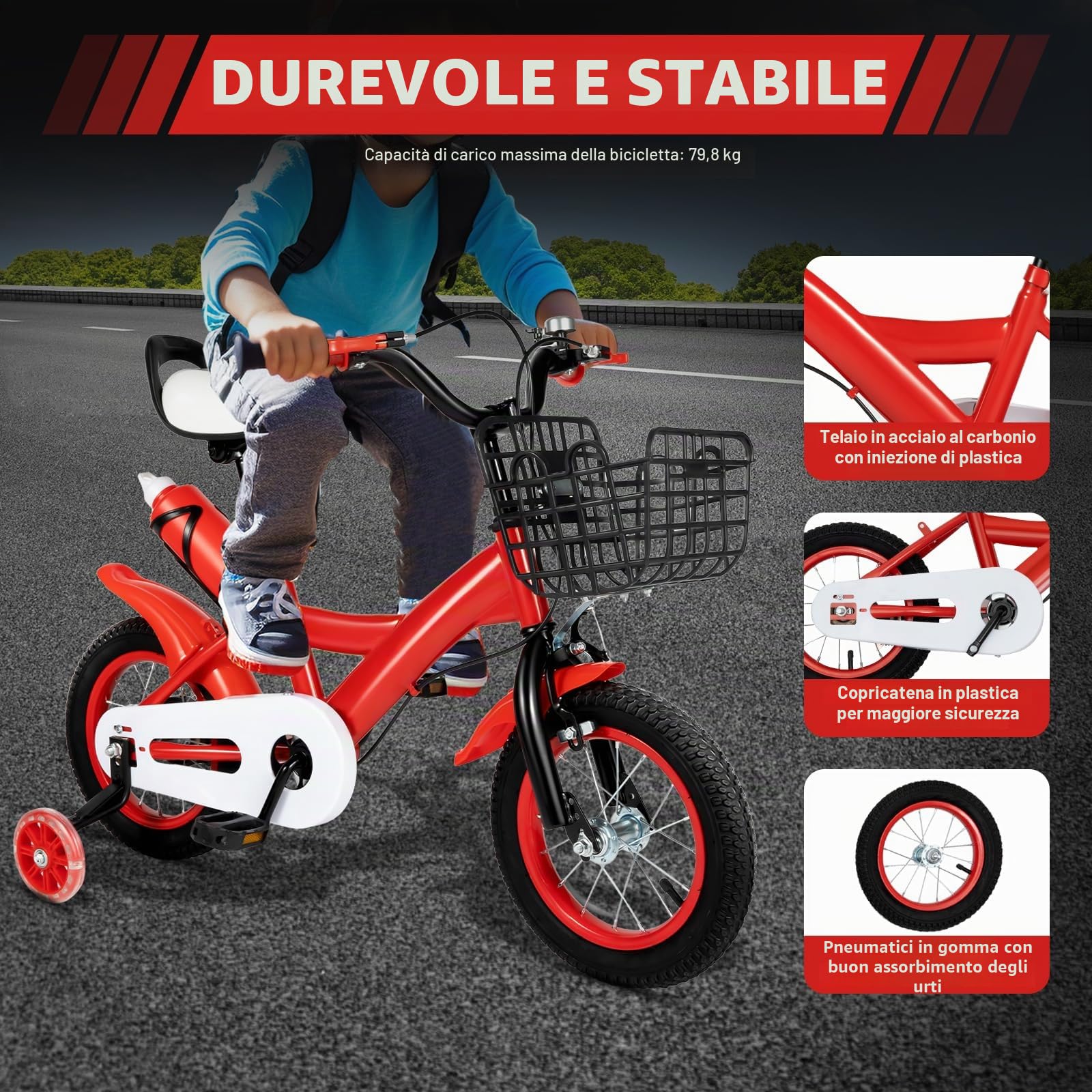 Bicicletta per bambini, 12 pollici, universale, per principianti, con ruote di supporto e bottiglia d'acqua, adatta per bambini, da 2,62 – 3,11 ft in (rosso)