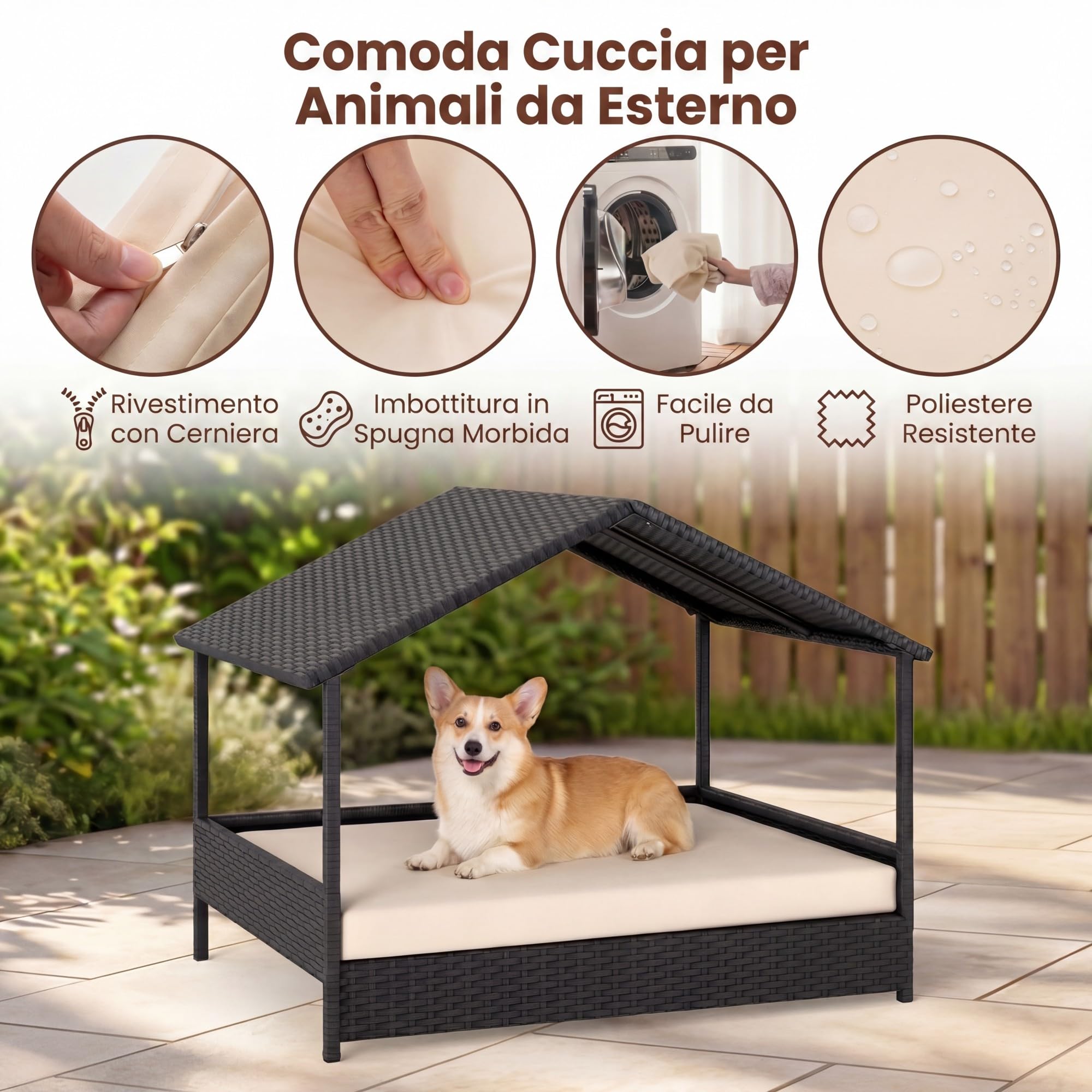 GYMAX Letto per Cane con Cuscino, Cuccia per Cane da Esterno in Rattan PE con Tetto a Spiovente e Base Rialzata, Ventilata & Impermeabile, per Esterno & Interno, 98 x 68 x 74 cm (Beige)