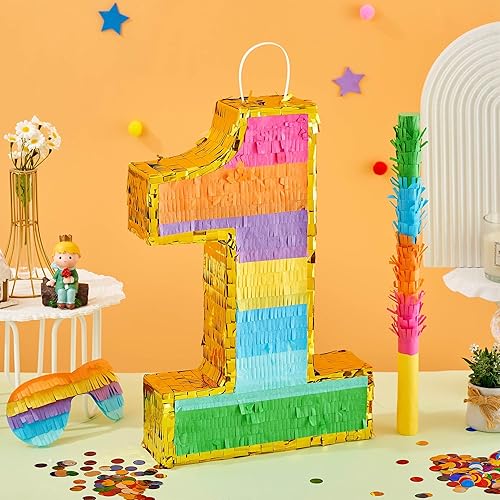 Miniatura 4 de Piñata arcoíris número 1 para decoraciones de fiesta de primer cumpleaños, piñata de cumpleaños con palo, venda para los ojos y confeti, celebración