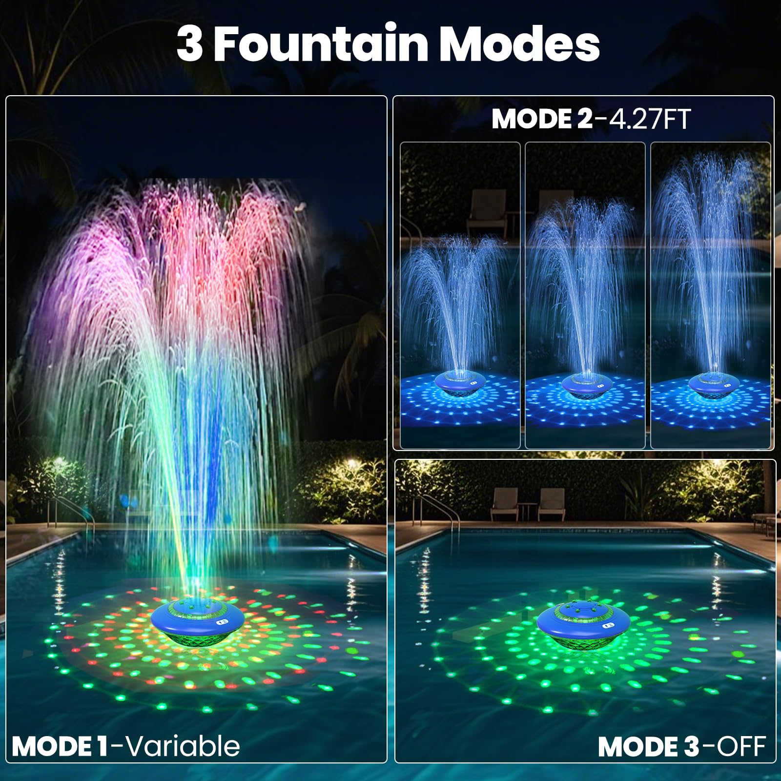 Fontaine de piscine flottante avec spectacle de lumières, 9 modes d'éclairage de piscine et 3 modes de fontaine avec télécommande pour piscine hors sol creusée, fontaines de piscine rechargeables
