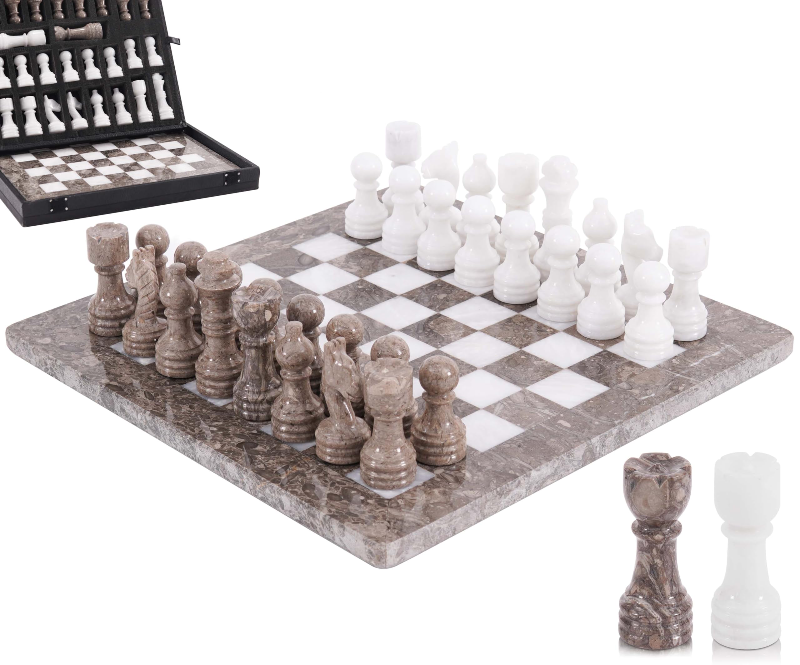 Marble Chess Set 12" Inches Oceanic & White Handmade Chess Sets for Adults - Marble Board Game for Family with Storage Box & 2 Extra Queen, Ideal Travel Chess Set & Home Décor