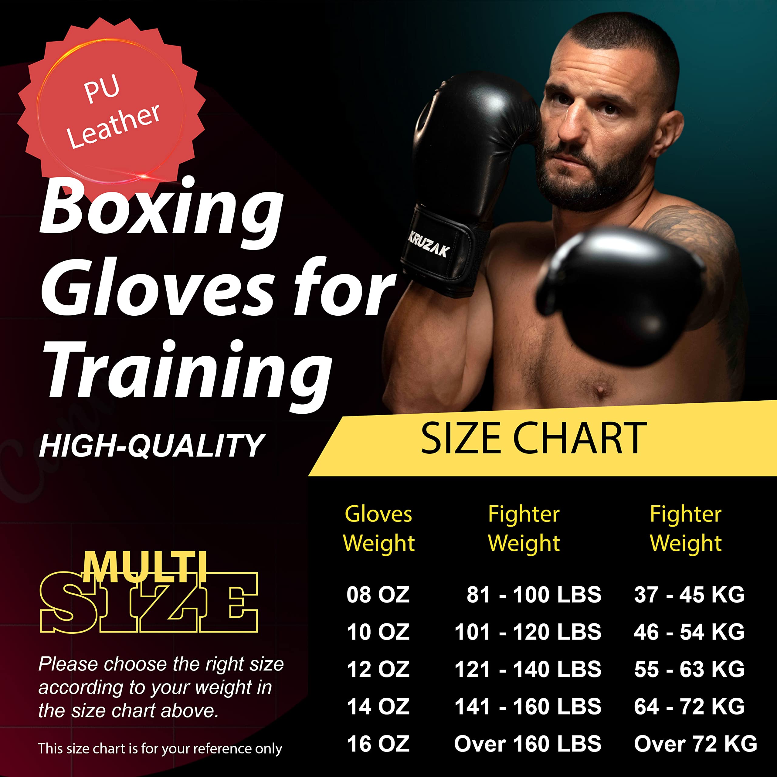 Kruzak Set di guanti da boxe e guanti da boxe per kickboxing e Muay Thai MMA Training - Kit fitness con pastiglie per arti marziali e karate (colore nero, 340,2 g)