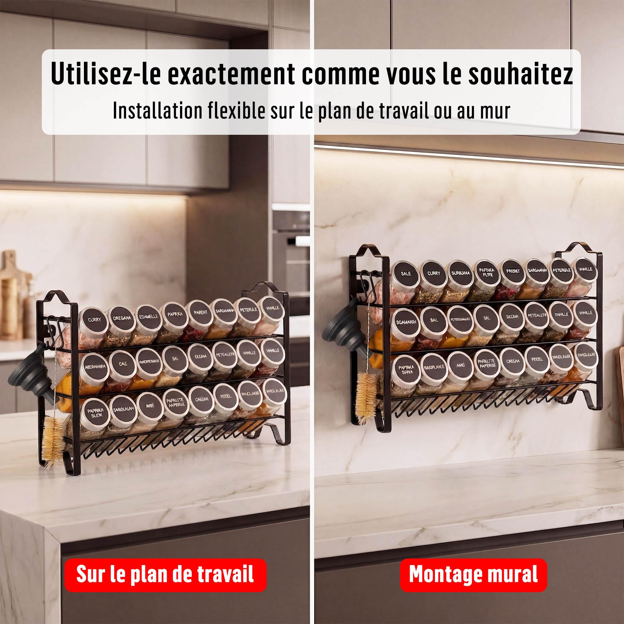 Deco haus® Etagere avec Pot a Epices Lot de 24 Boite avec Étiquettes d'épices Françaises - Rangement Cuisine