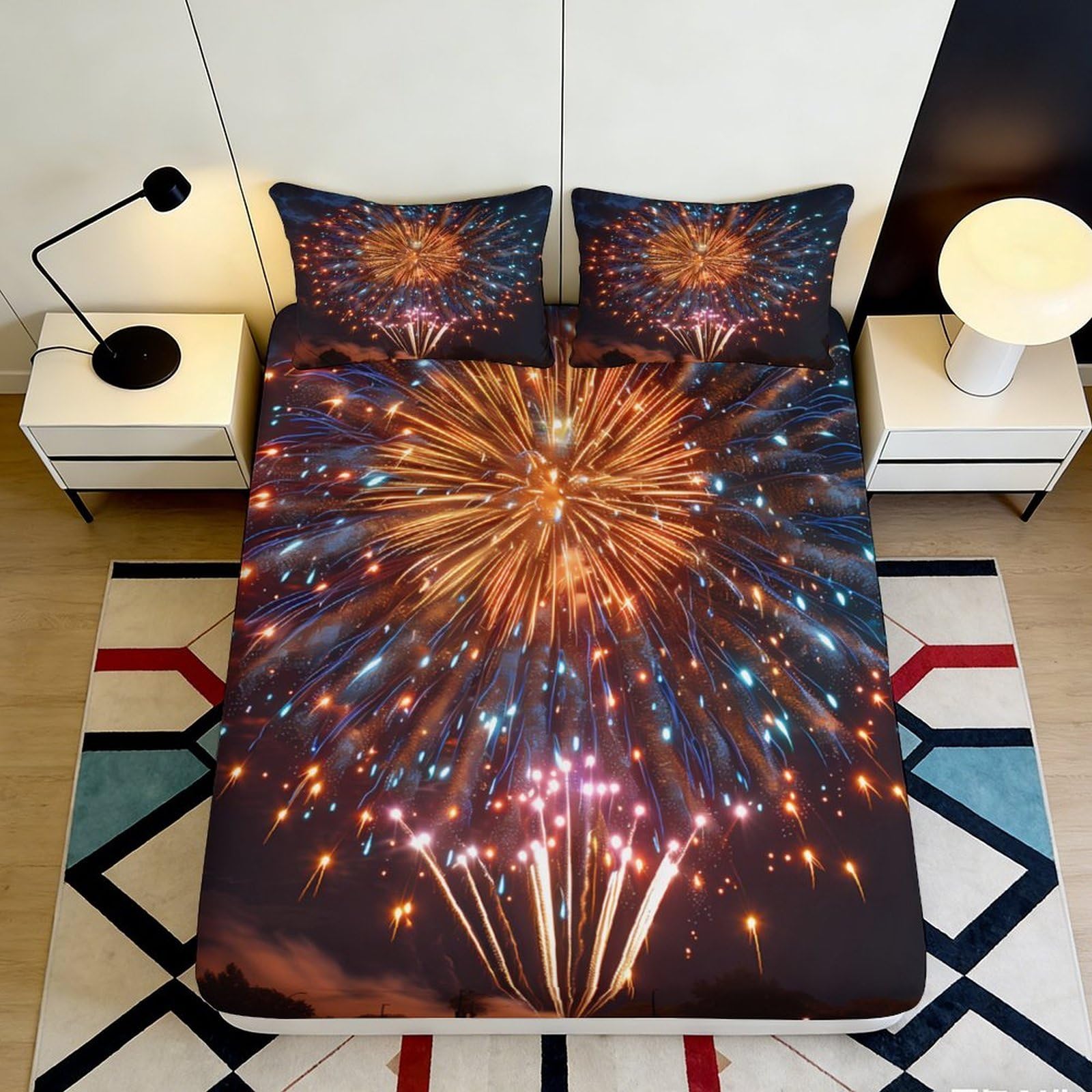 3D Printed Fireworks Night Sky Fitted Sheet Microfiber Soft Breathable Colorful Bed Cover for Bedroom Dorm Mattress Protection Decor 90x200x25cm